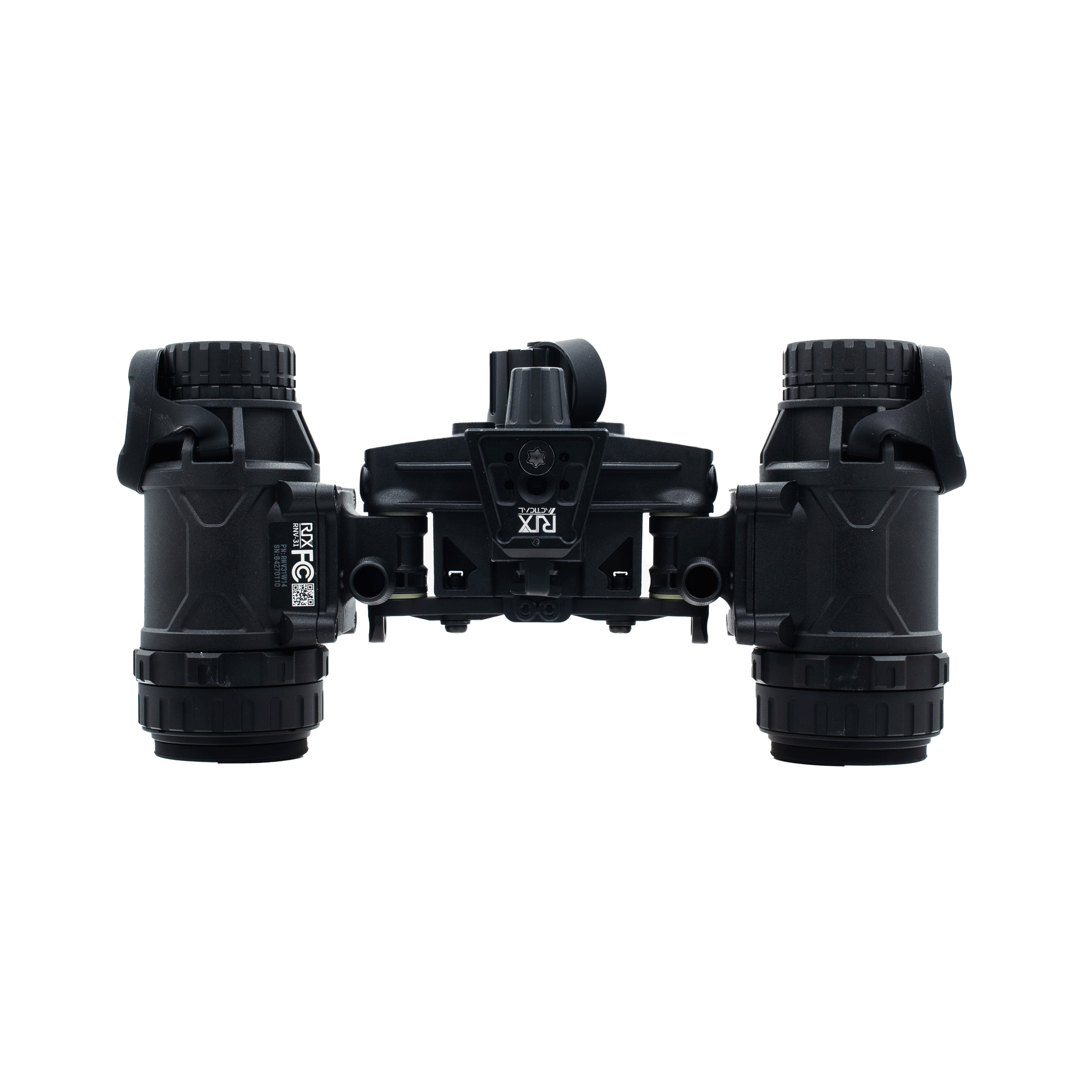 Close-up of a black, sturdy binocular viewer mounted on a white background.