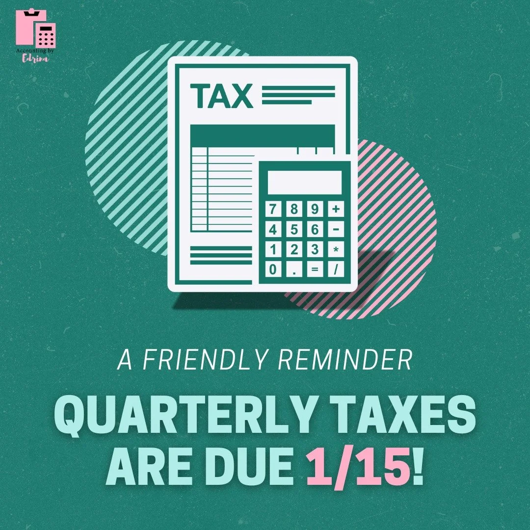 Did you know missing quarterly taxes could cost you in penalties? 💸

⏰ Quarterly Tax Reminder ⏰

Small business owners, freelancers, and entrepreneurs&mdash;don&rsquo;t forget: estimated quarterly taxes are due January 15! 💸

Staying on top of thes