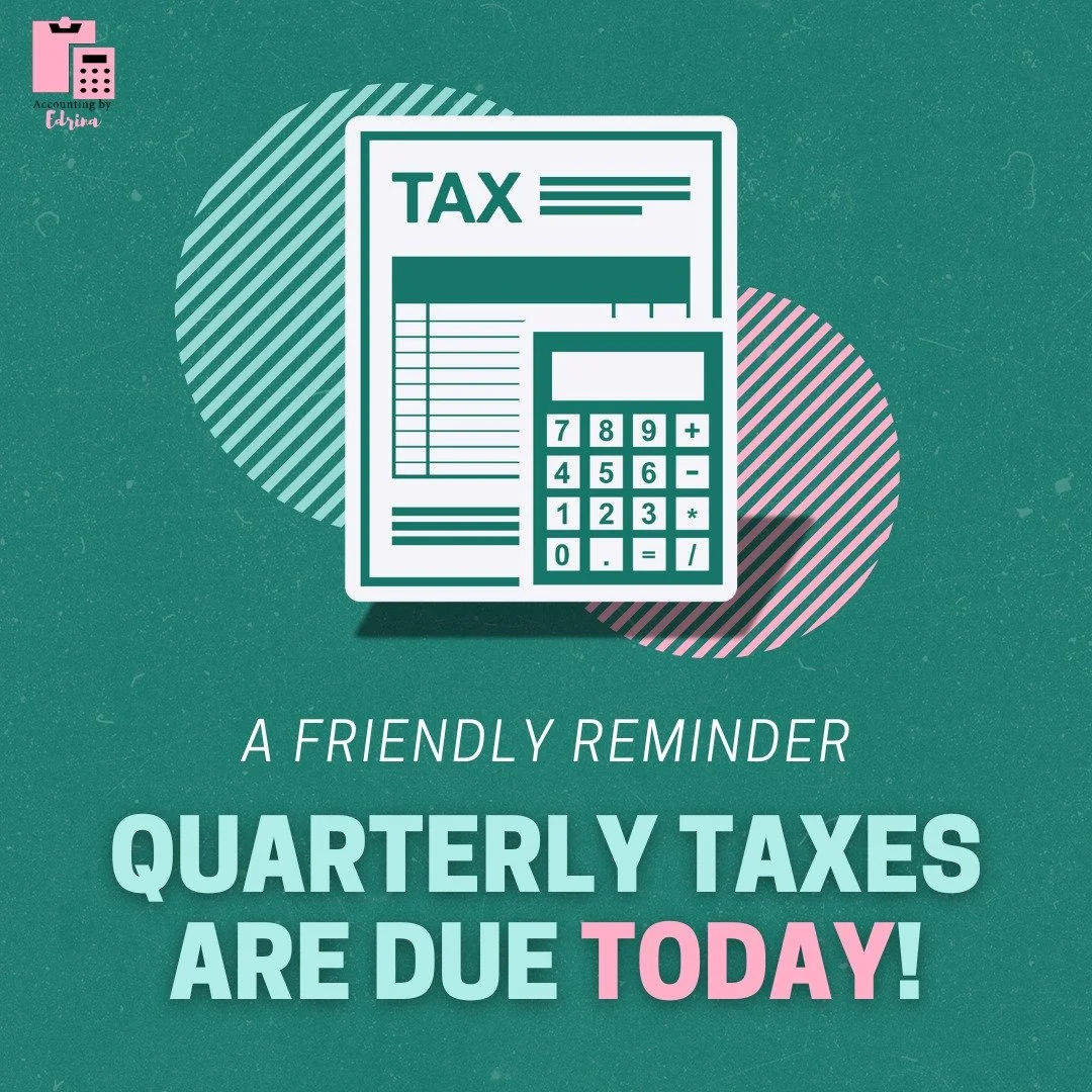 🚨 Quarterly Taxes Are Due TODAY! 🚨

Small business owners, freelancers, and entrepreneurs&mdash;if you haven&rsquo;t sent in your estimated quarterly tax payment, today&rsquo;s the deadline.

Filing on time means:
✅ No penalties
✅ Peace of mind
✅ O