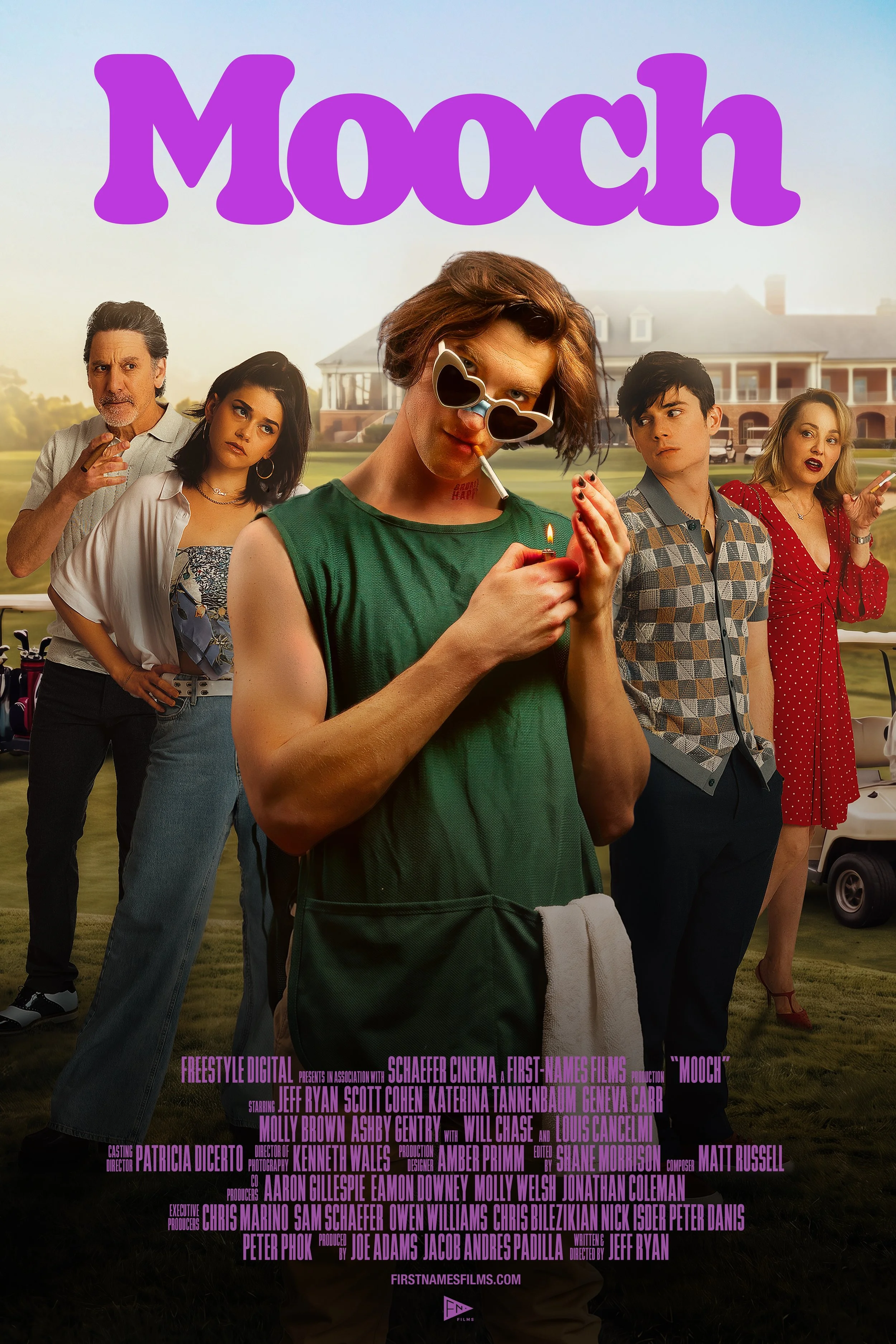  Written, directed by, and starring Jeff Ryan,  MOOCH  is an offbeat New Jersey crime comedy set in the world of country-club golf.  Shane is almost thirty and still working as a caddie, surrounded by coworkers half his age. After stealing money from