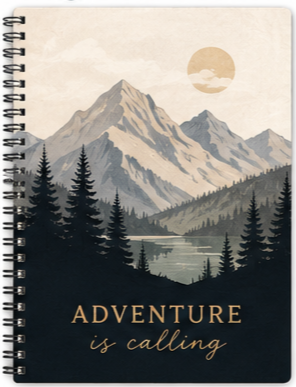 Adventure-themed journal cover with mountains, trees, lake, and sunset.