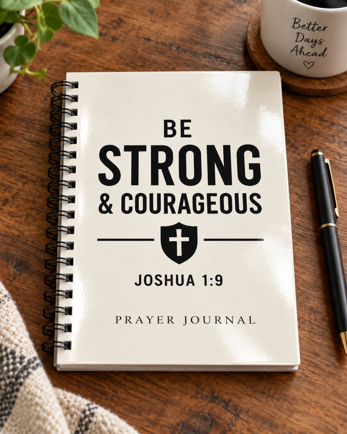 Masculine prayer journal featuring Joshua 1:9 'Be Strong & Courageous'.