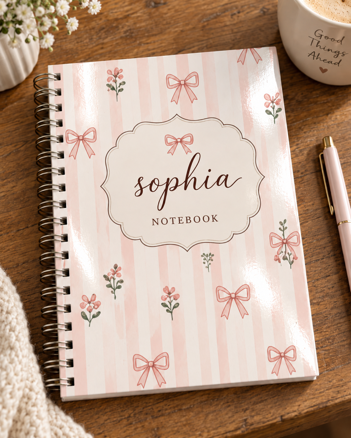 Pink striped personalized notebook with bows, flowers, and the name Sophia.