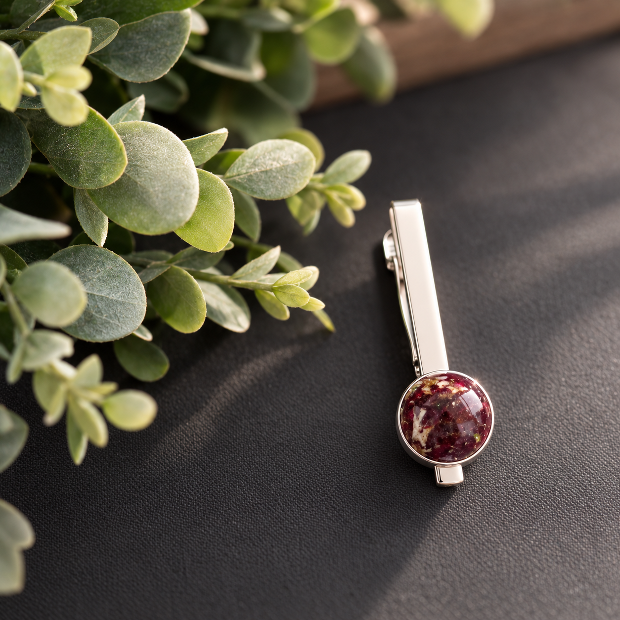 Silver Tie Clip with Burgundy Stone.png