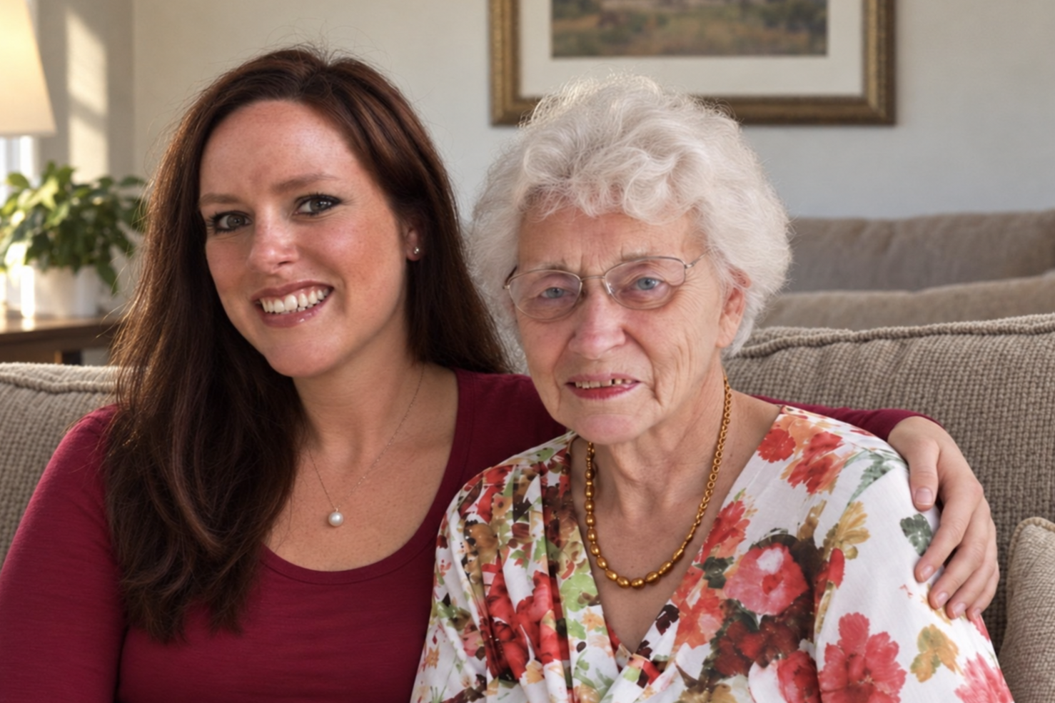 A young woman with long brown hair and an older woman with short white hair sitting together on a beige sofa. The young woman has her arm around the older woman, and both are smiling at the camera. The woman on the left wears a red top and pearl necklace, the older woman wears glasses, a floral blouse, and a gold necklace.