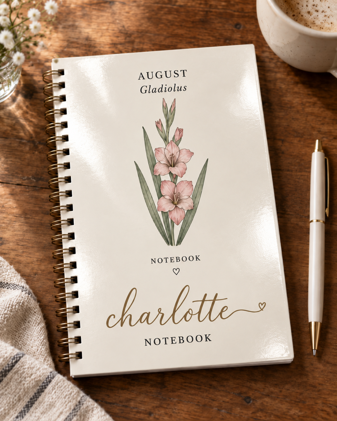 Pink striped personalized notebook with bows, flowers, and the name Sophia.