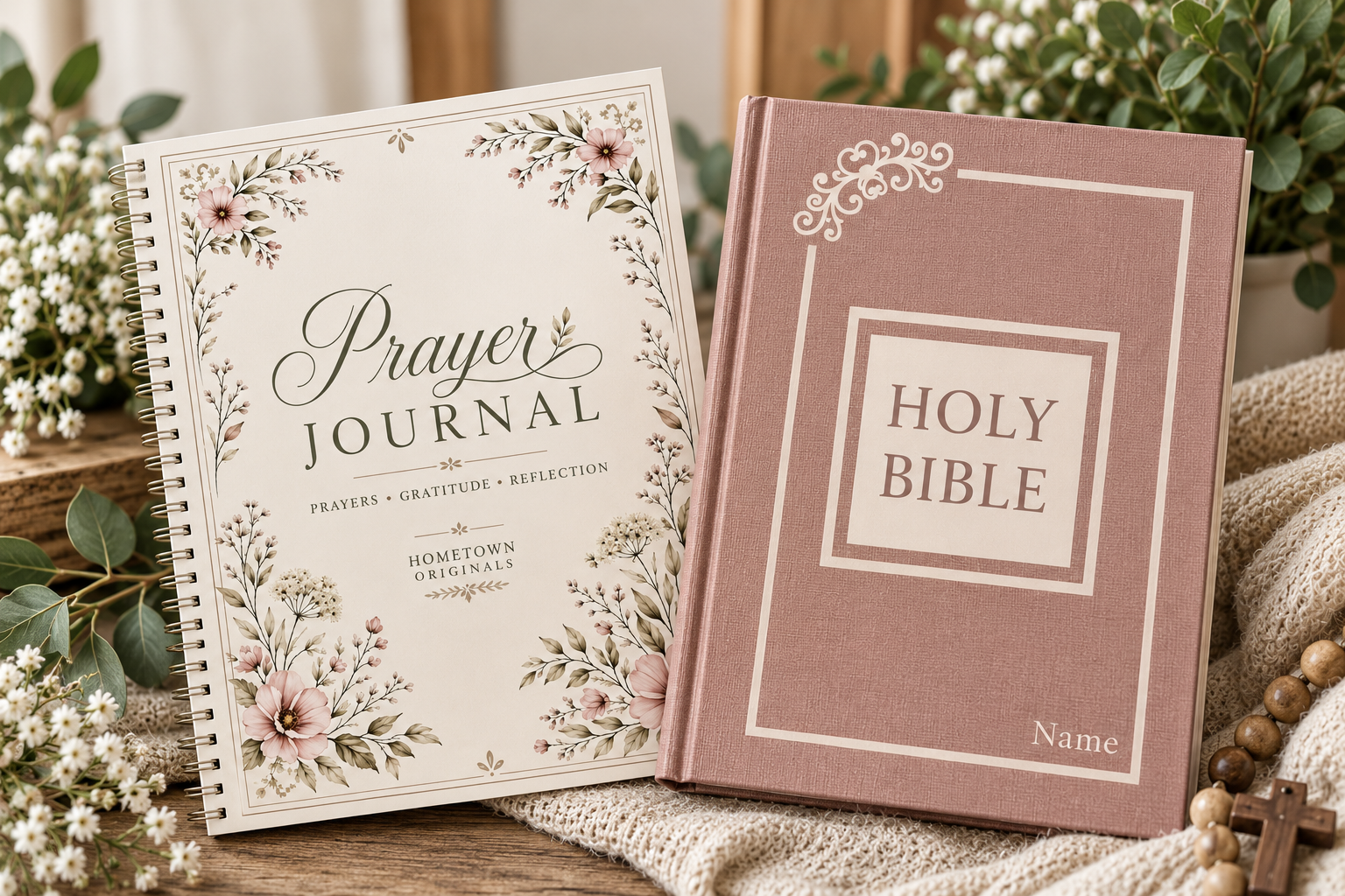 Matching personalized Bible and prayer journal surrounded by flowers and a rosary.
