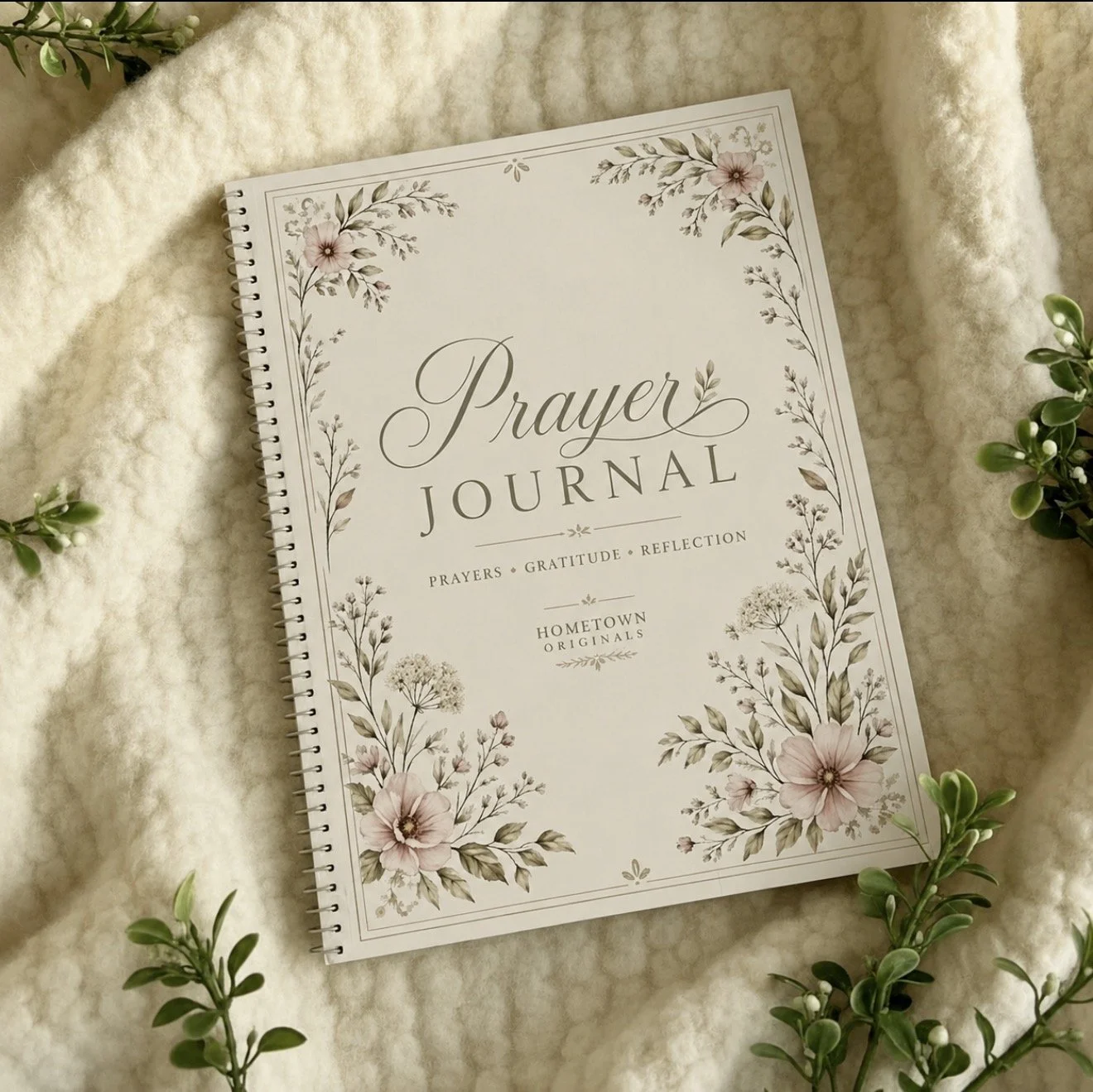 Floral personalized prayer journal on a soft cream background.
