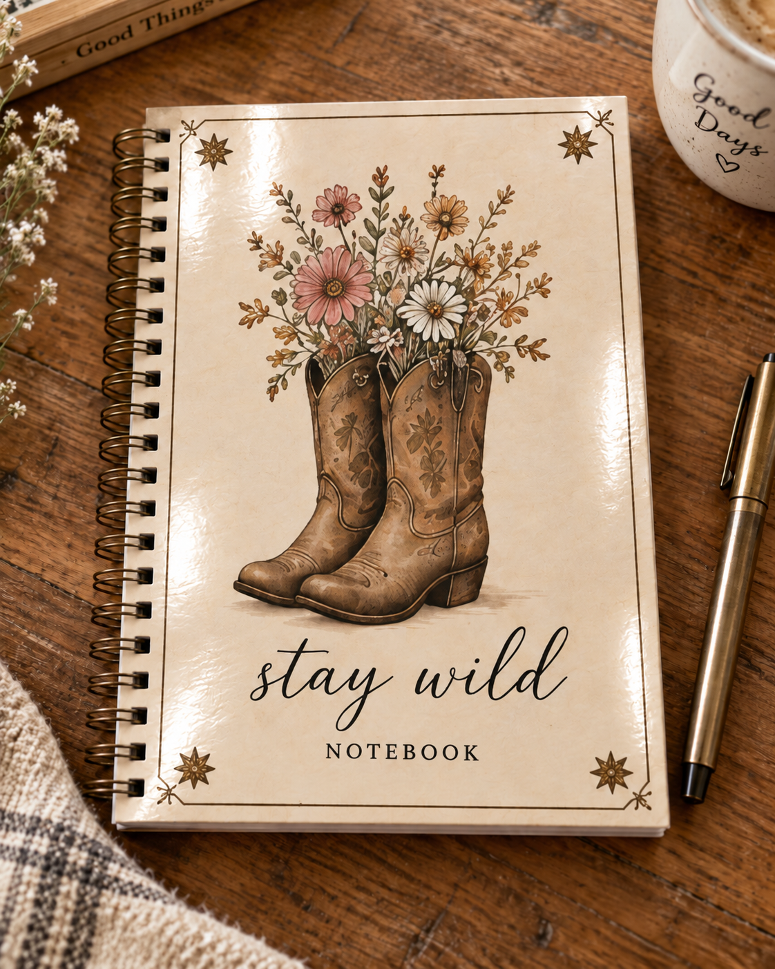 Floral cowboy boot personalized journal cover with 'stay wild' design.