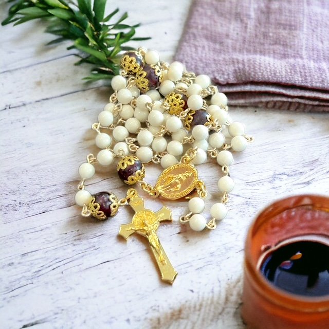 Custom Memorial Catholic Rosary - Pearl