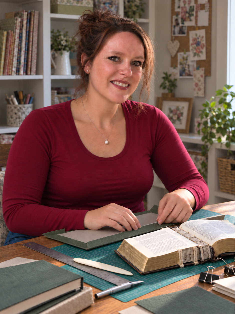 Kimberly, maker behind Hometown Originals, at her Bible and bookbinding workspace.