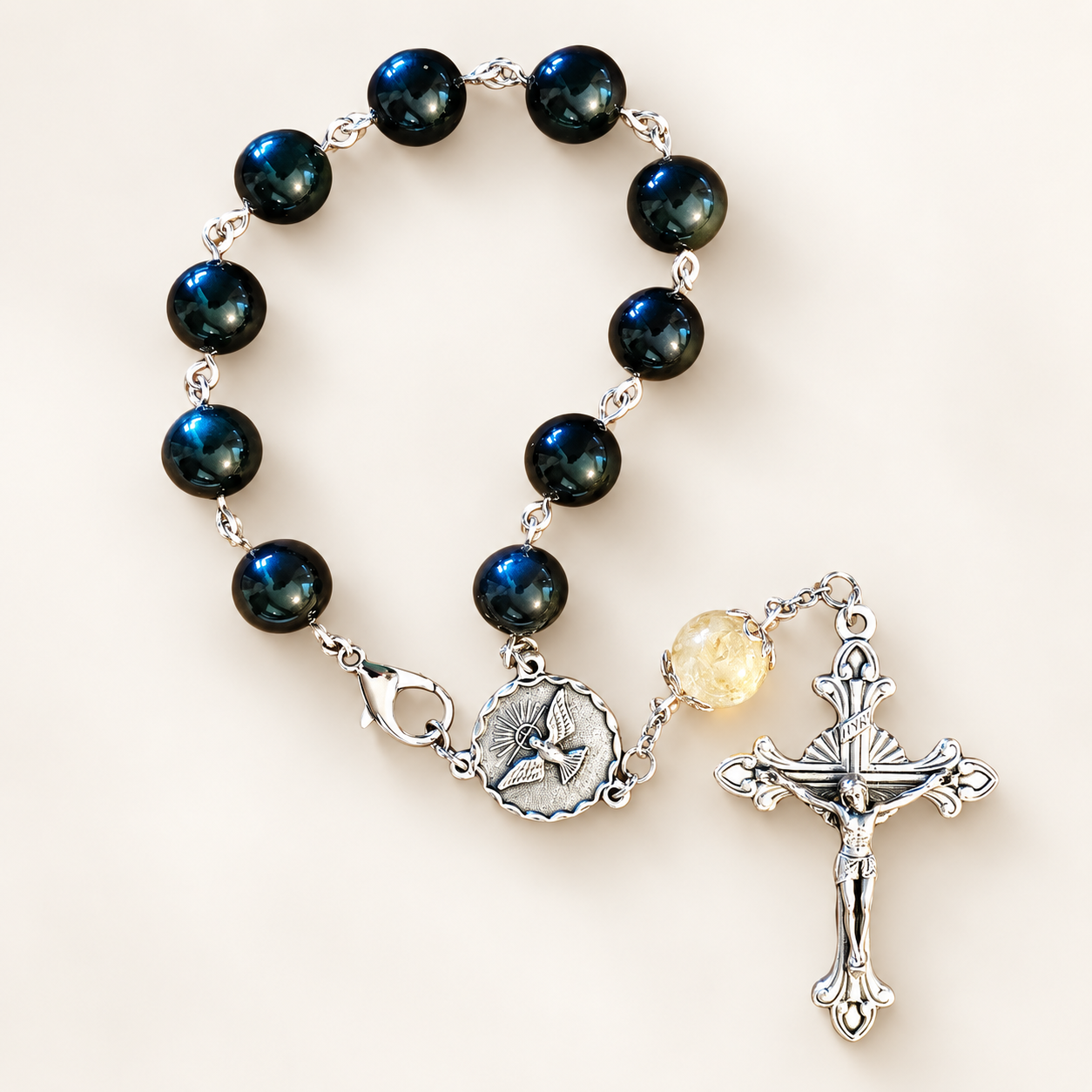 Elegant onyx chaplet with clasp and dried flowers.png