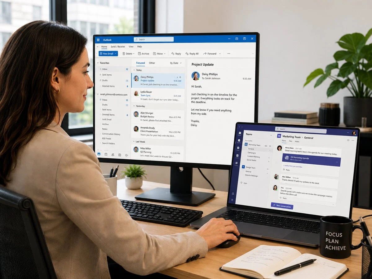 Office worker using Microsoft Outlook and Microsoft Teams on dual-screen workstation in a modern office