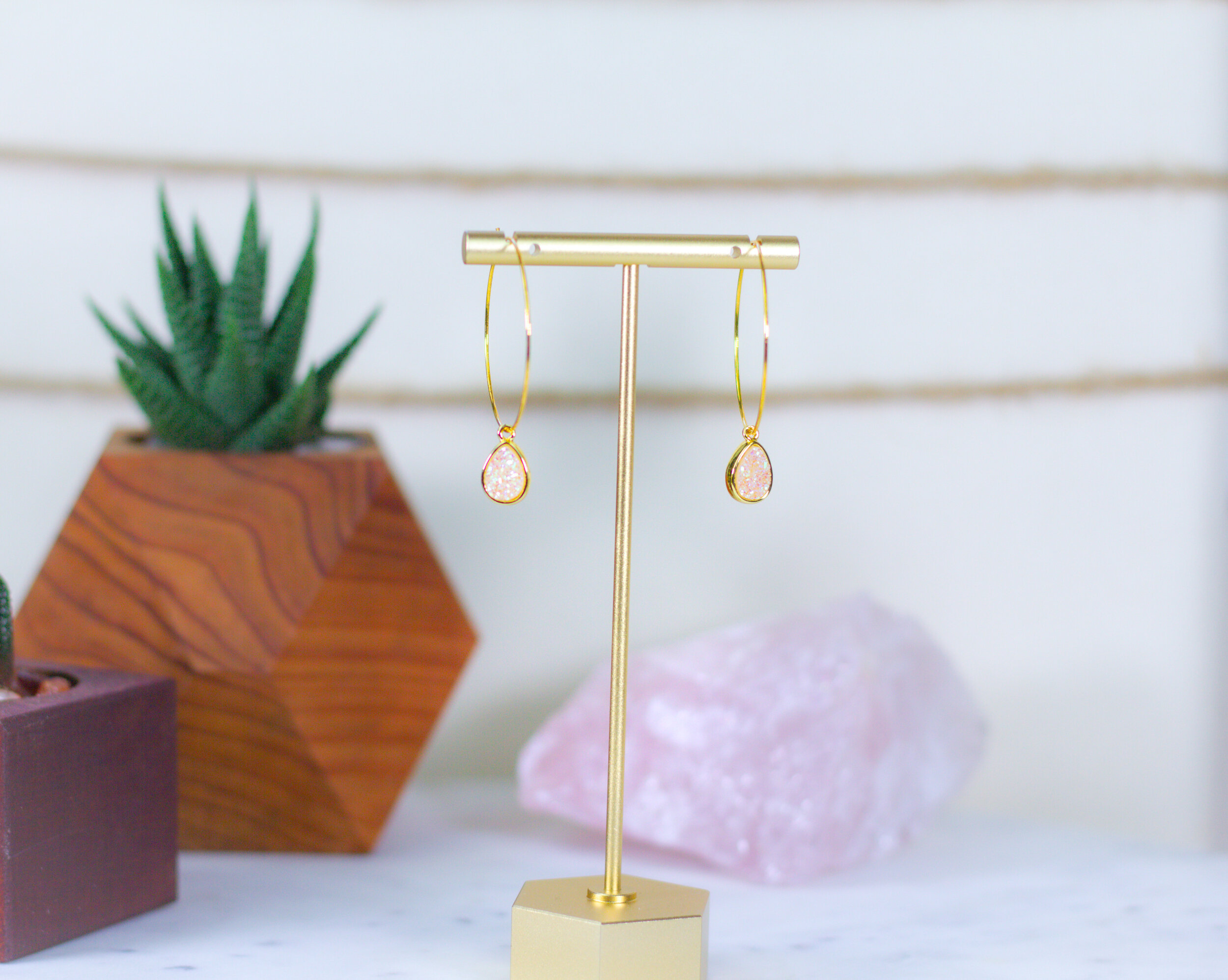 Peach Druzy Agate Teardrop // 14k Gold Plated Hoop 