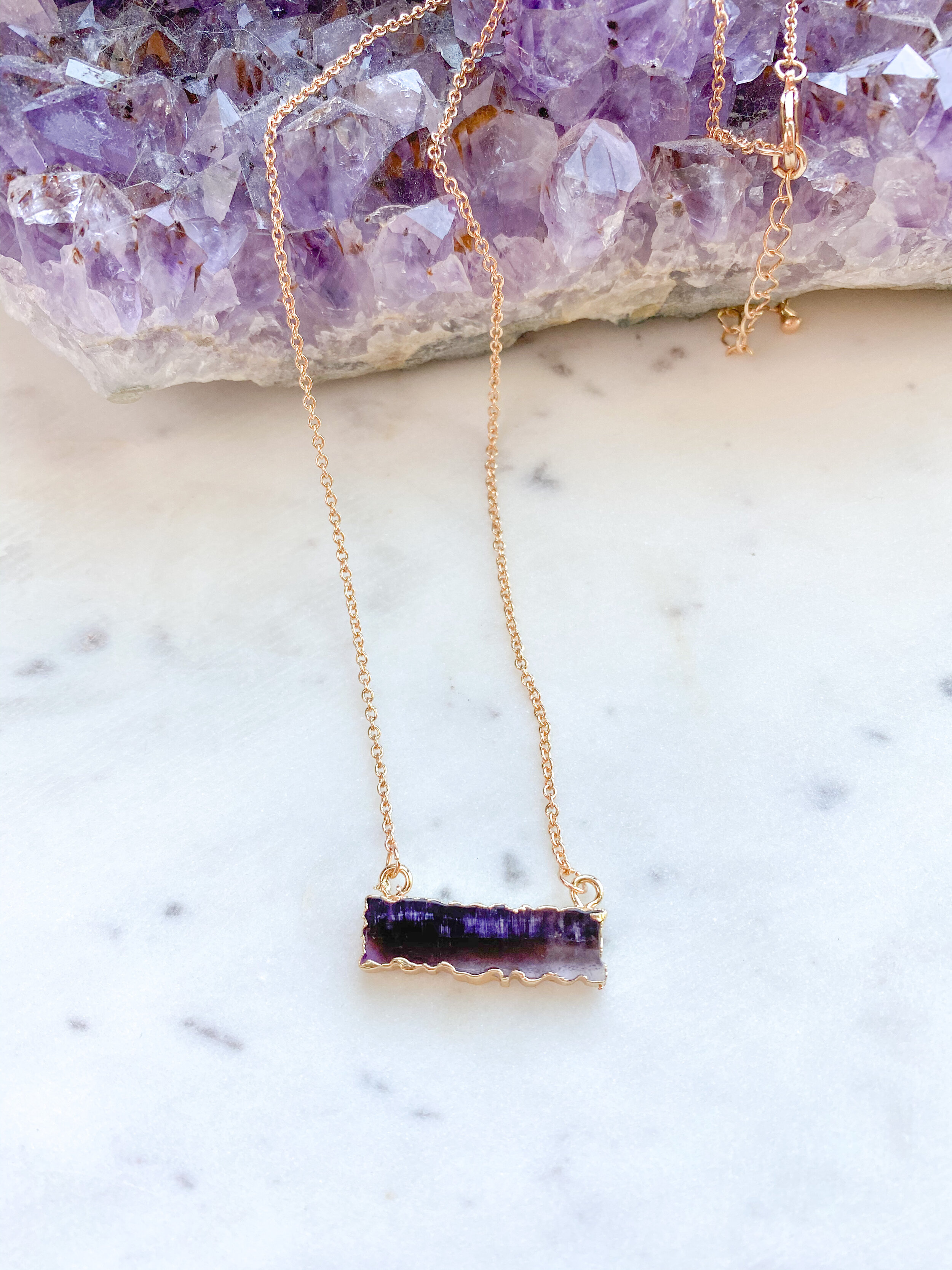 Electroplated Amethyst Bar // 14k Rose Gold Plated Chain 
