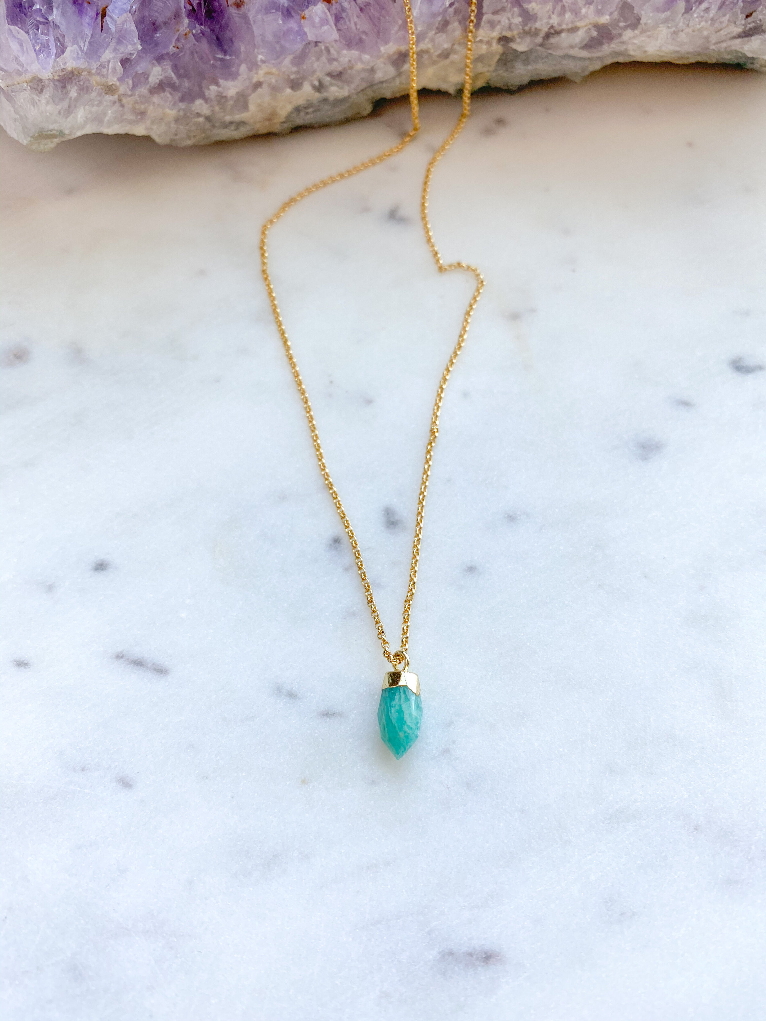Amazonite Point Pendant Choker // 14k Gold Plated Chain 