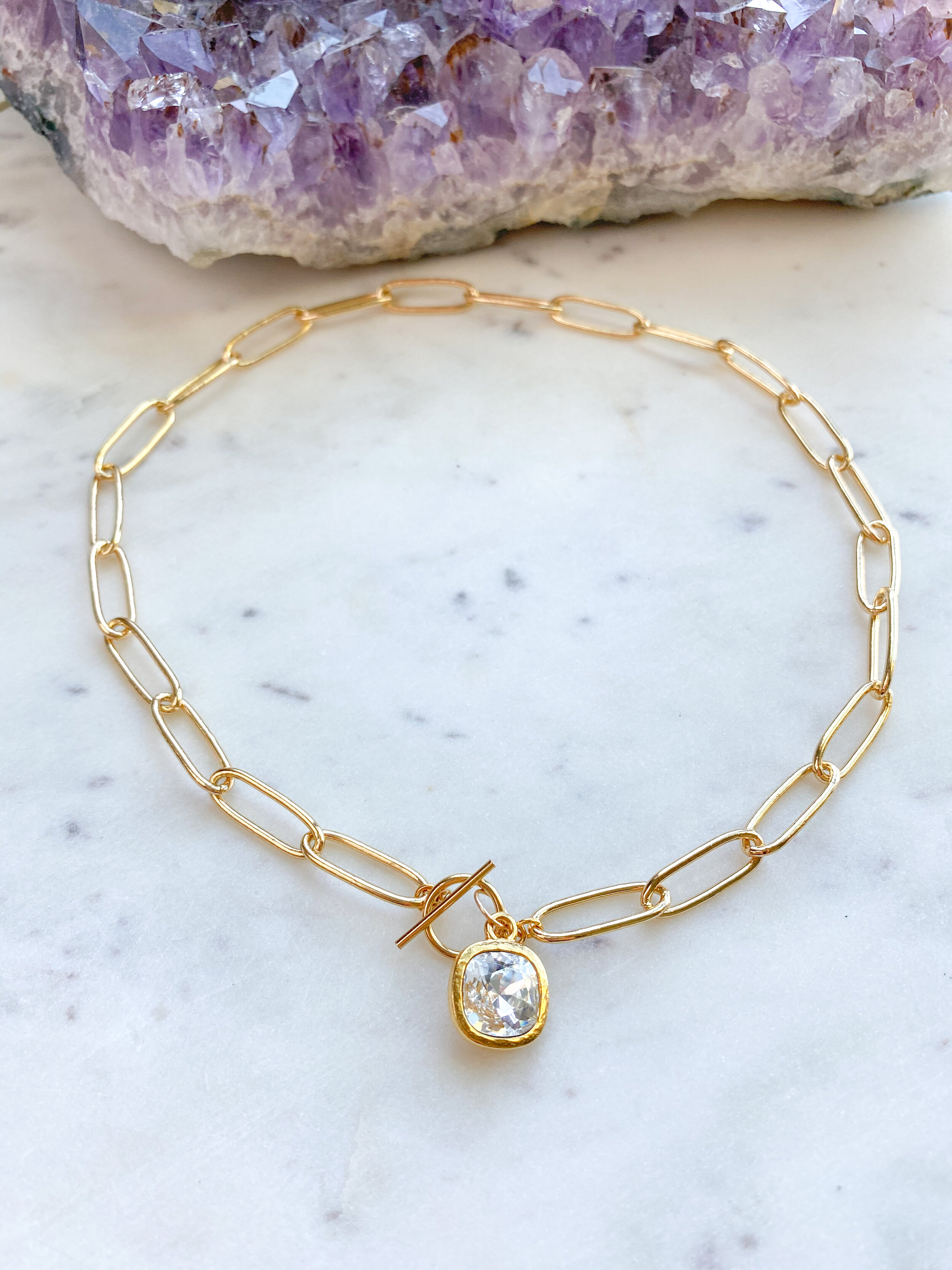 Paper Clip 14k Gold Plated Choker // CZ Pendant 