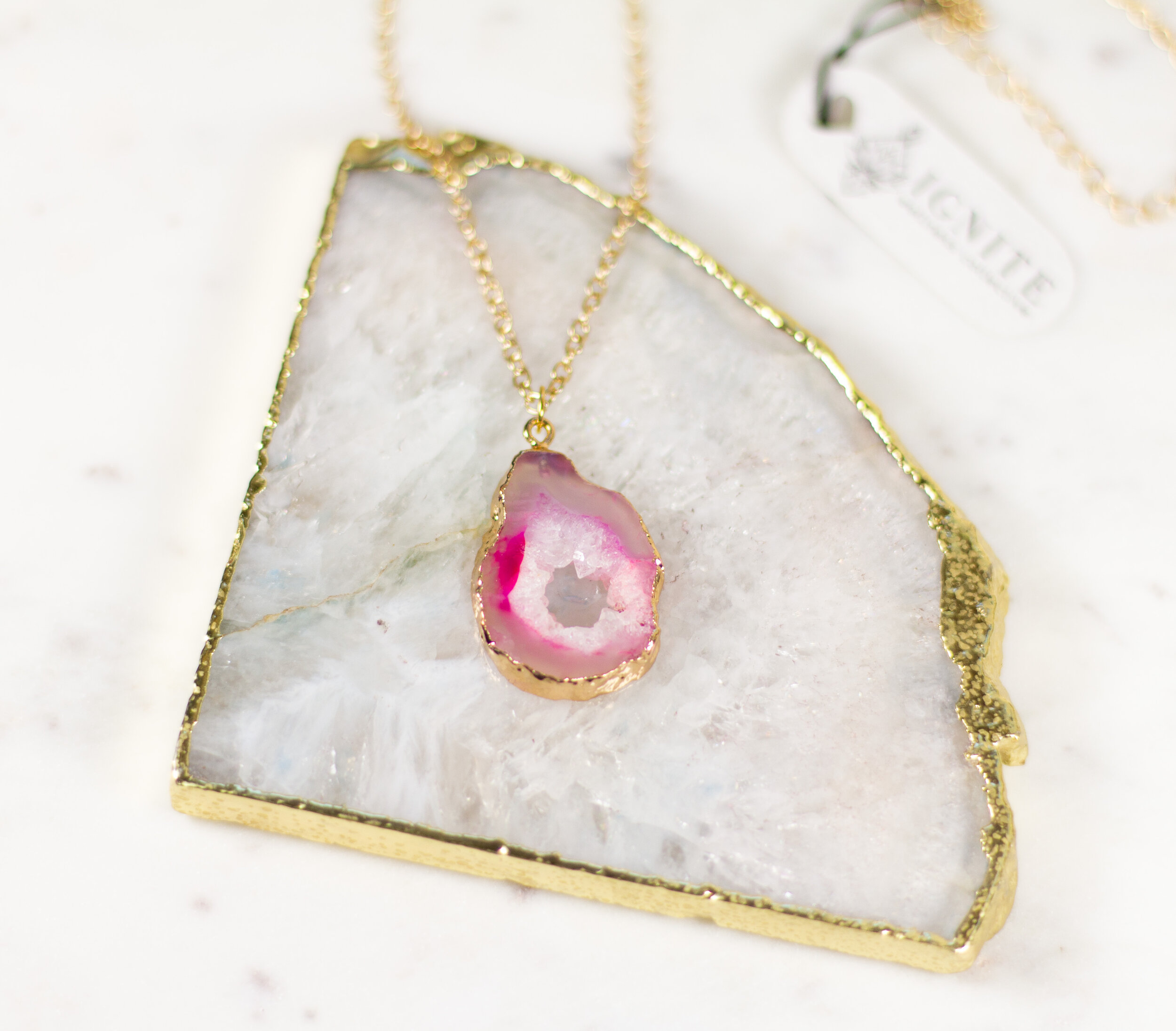 Pink Druzy Agate // 14k Gold Plated Chain 