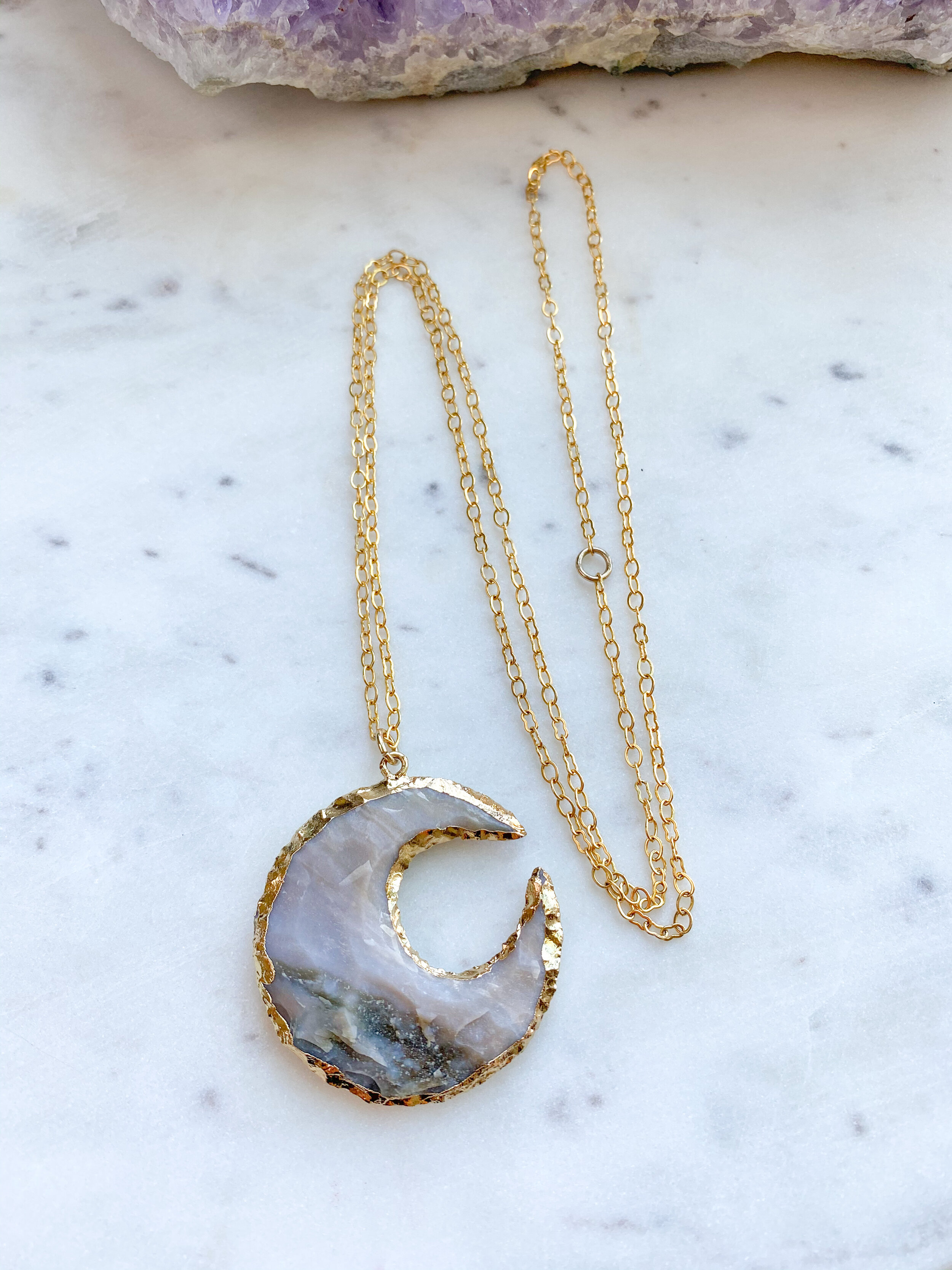 Druzy Agate Electroplated Crescent Moon // 14 Gold Plated Chain