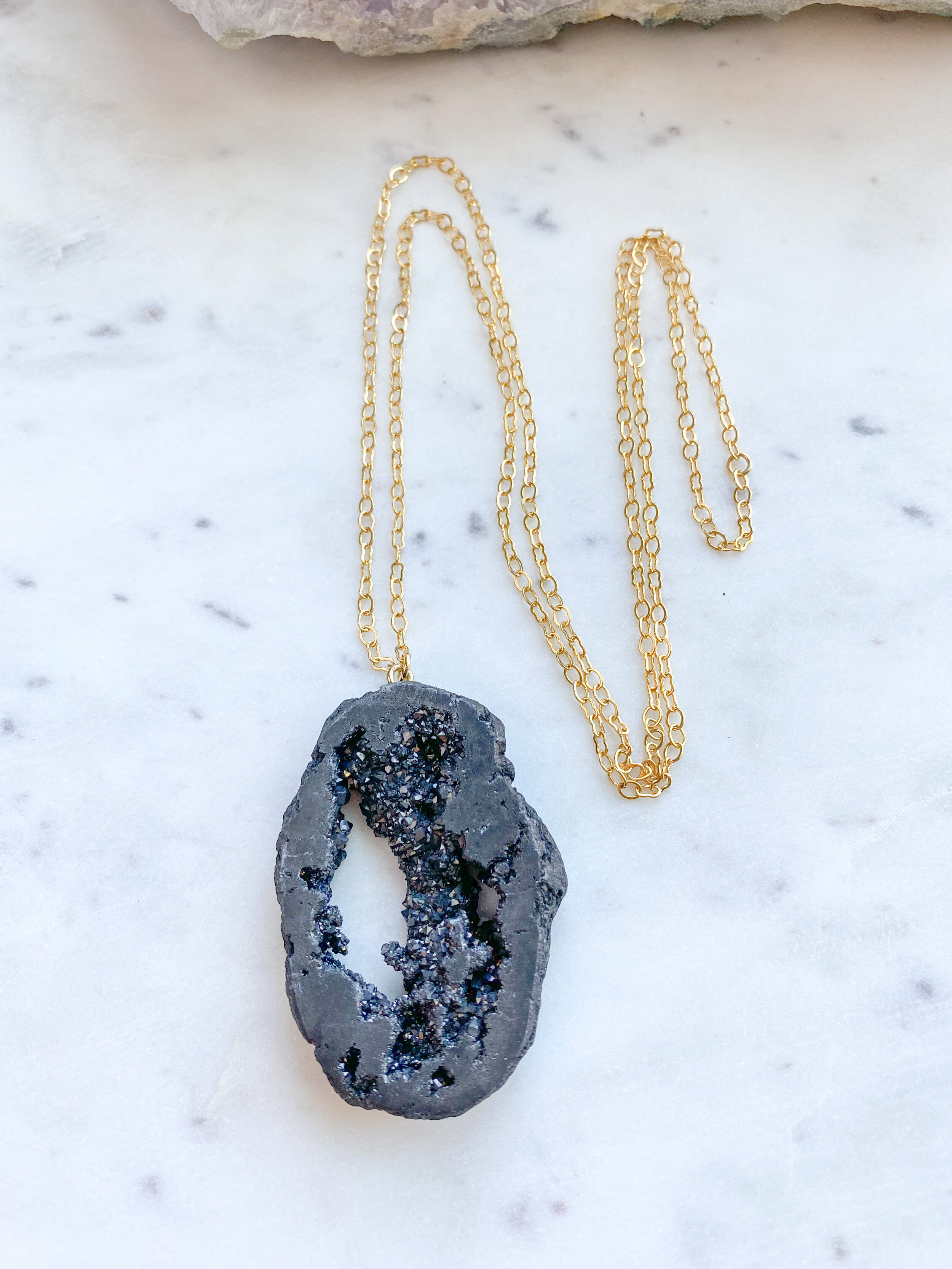 Black Druzy Agate // 14k Gold Plated Chain 