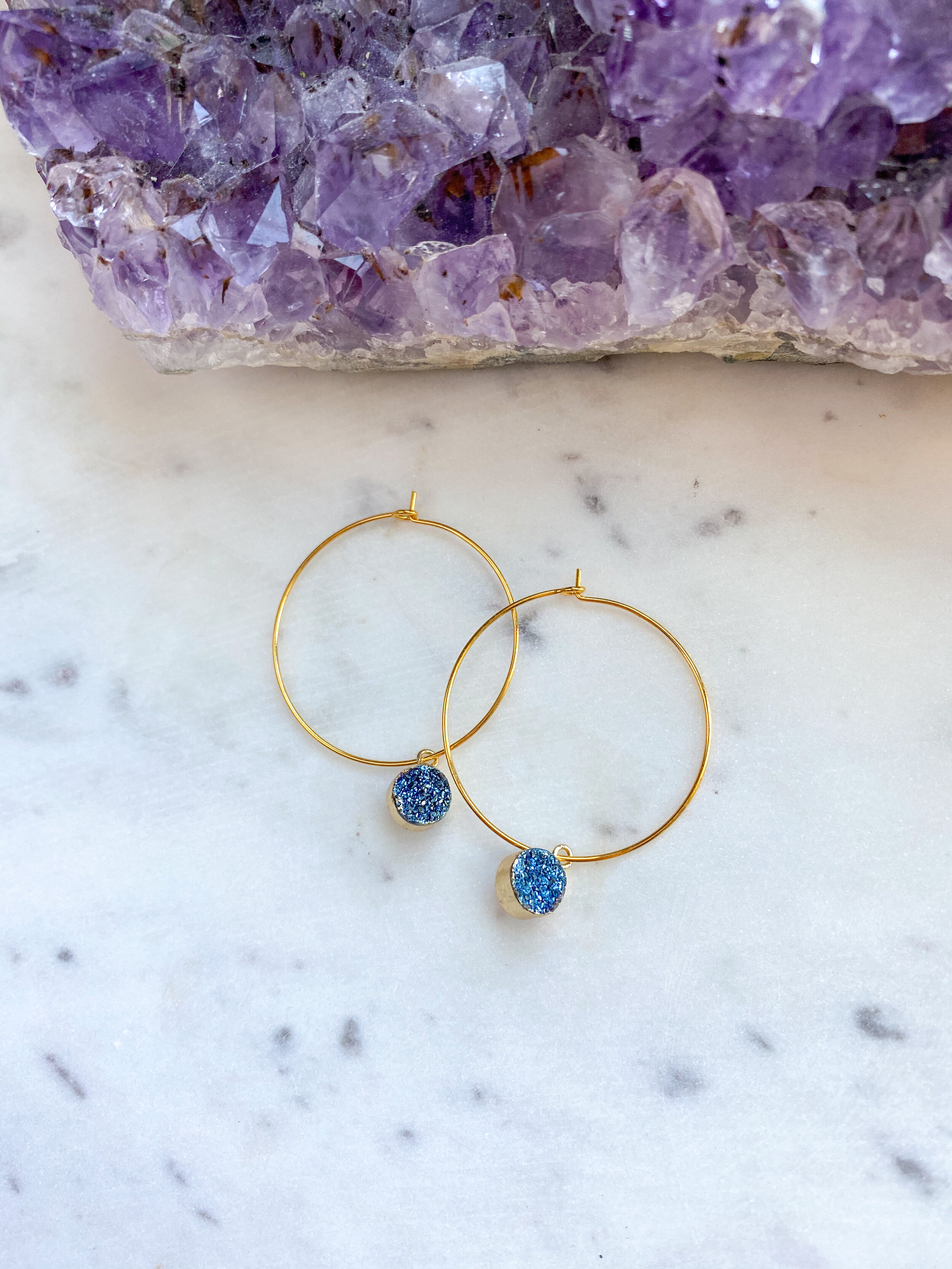 Blue Druzy Agate Teardrop // 14k Gold Plated Hoop