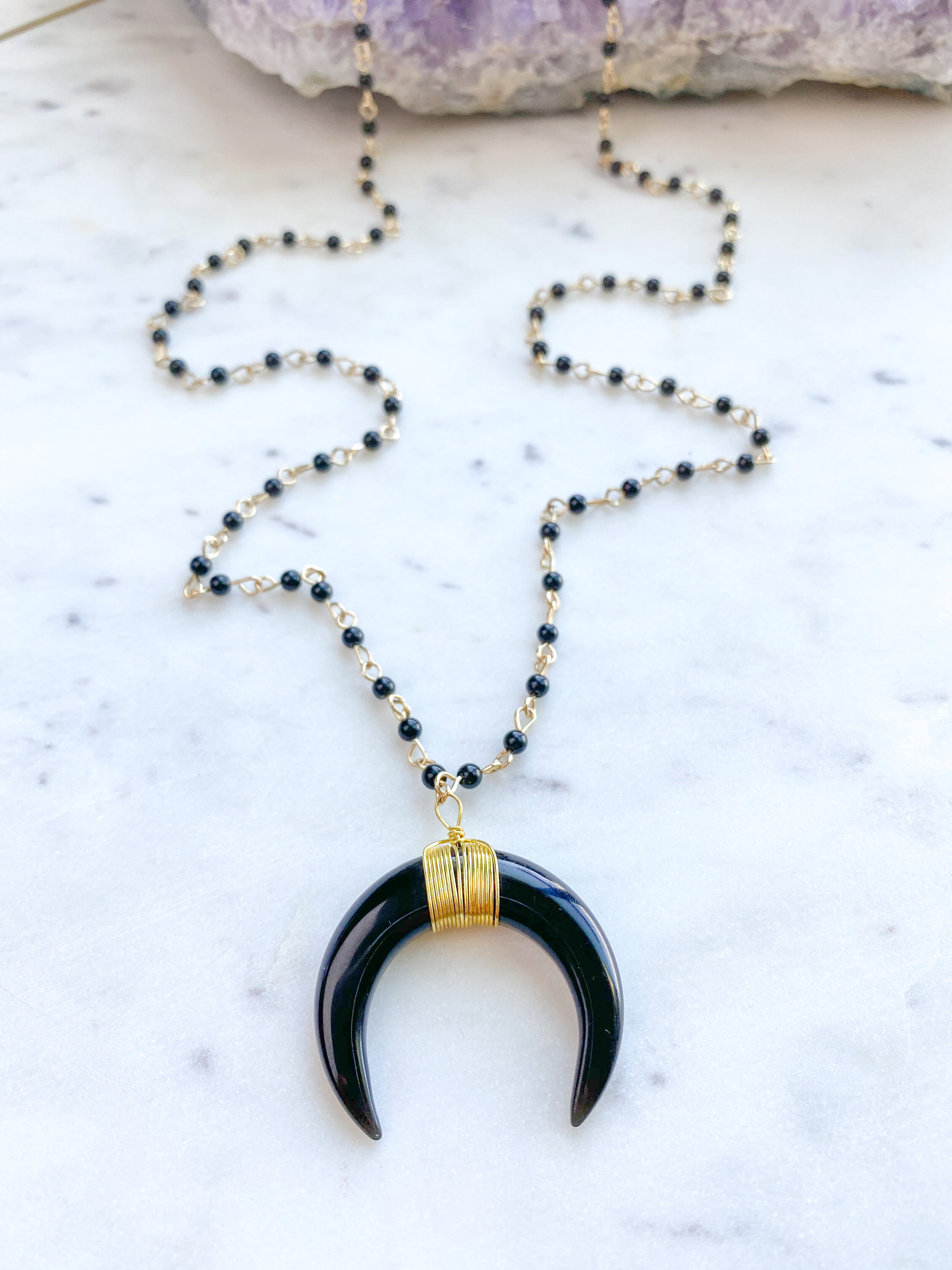 Chinese Jade  Pendant &amp; Black Onyx Mini Stones // Extra Long Chain
