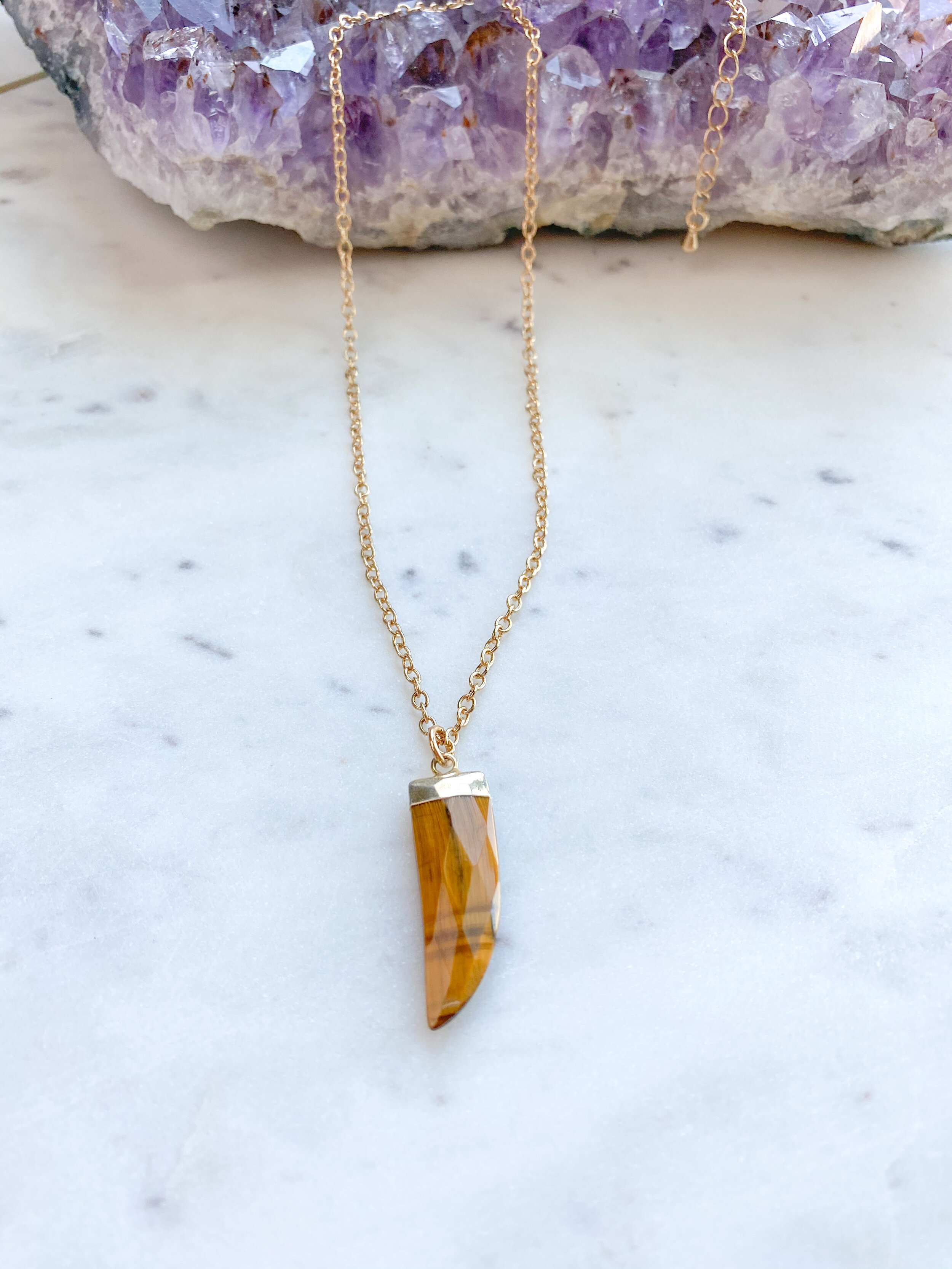 Tiger's Eye Electroplated Shark Tooth Pendant // 14k Gold Plated Chain 