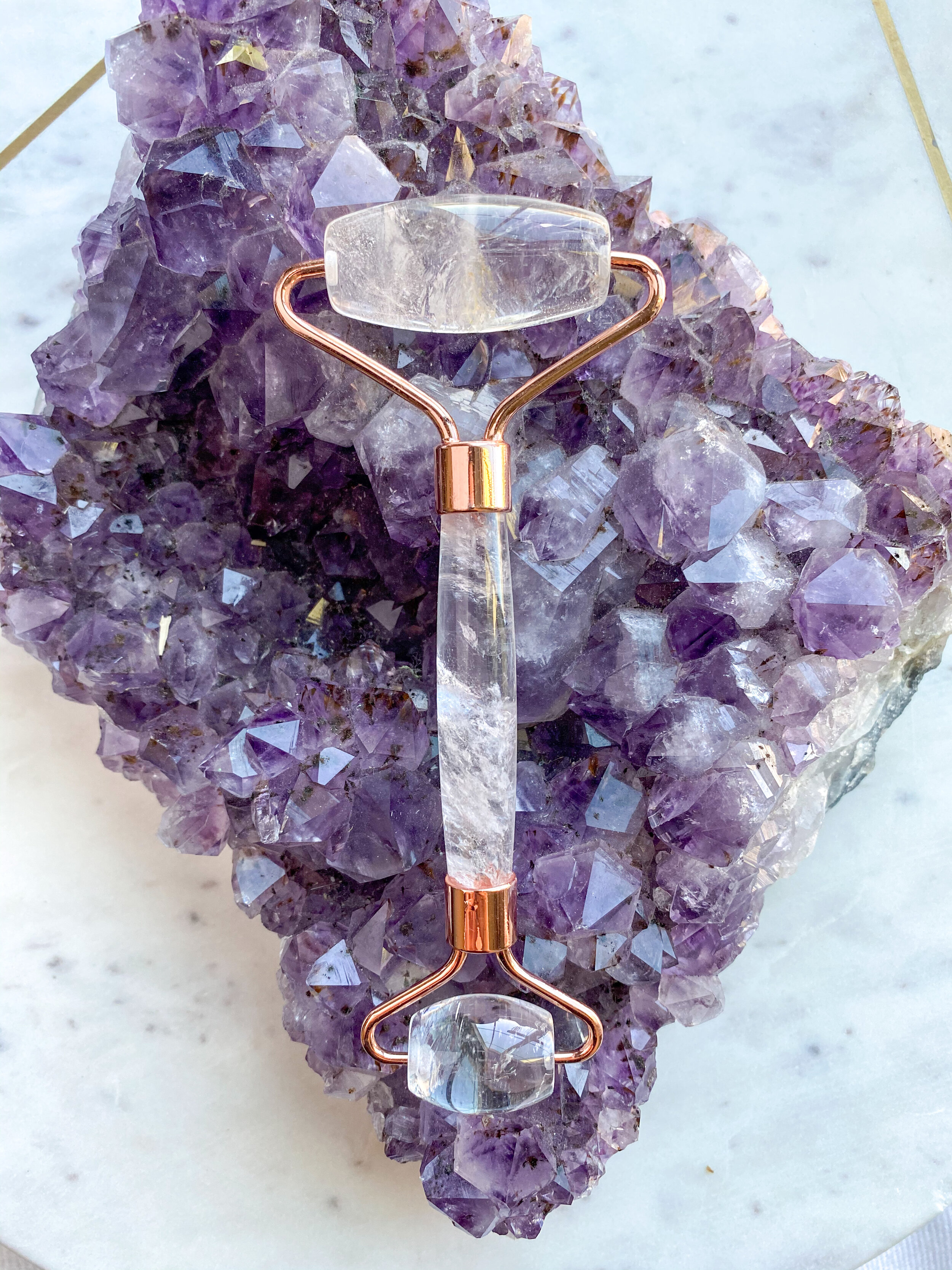 Crystal Quartz Face Roller // Faux Rose Gold Accents 