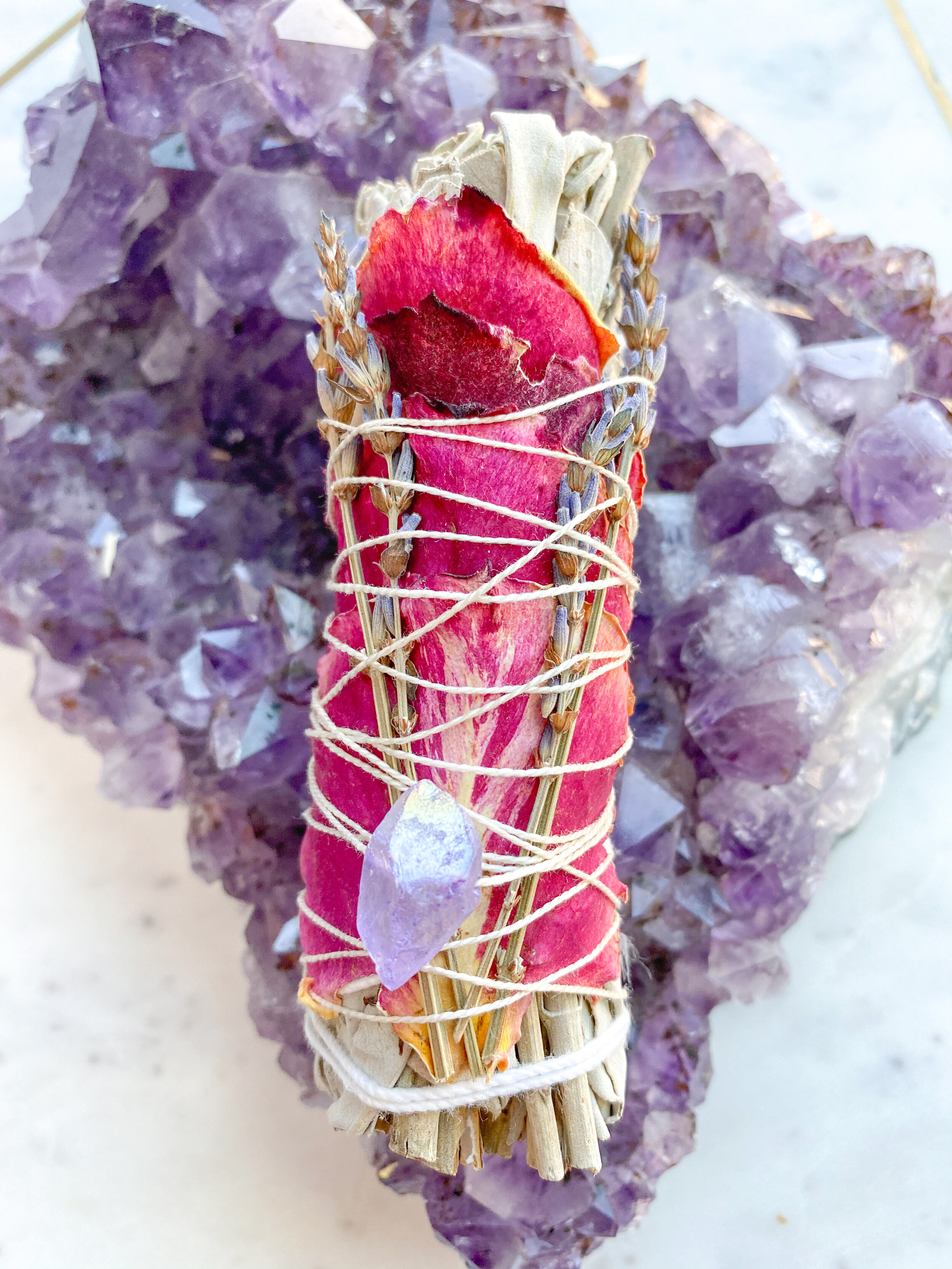 Sage Smudge Bundle with Quartz Nugget // Rose &amp; Lavendar 