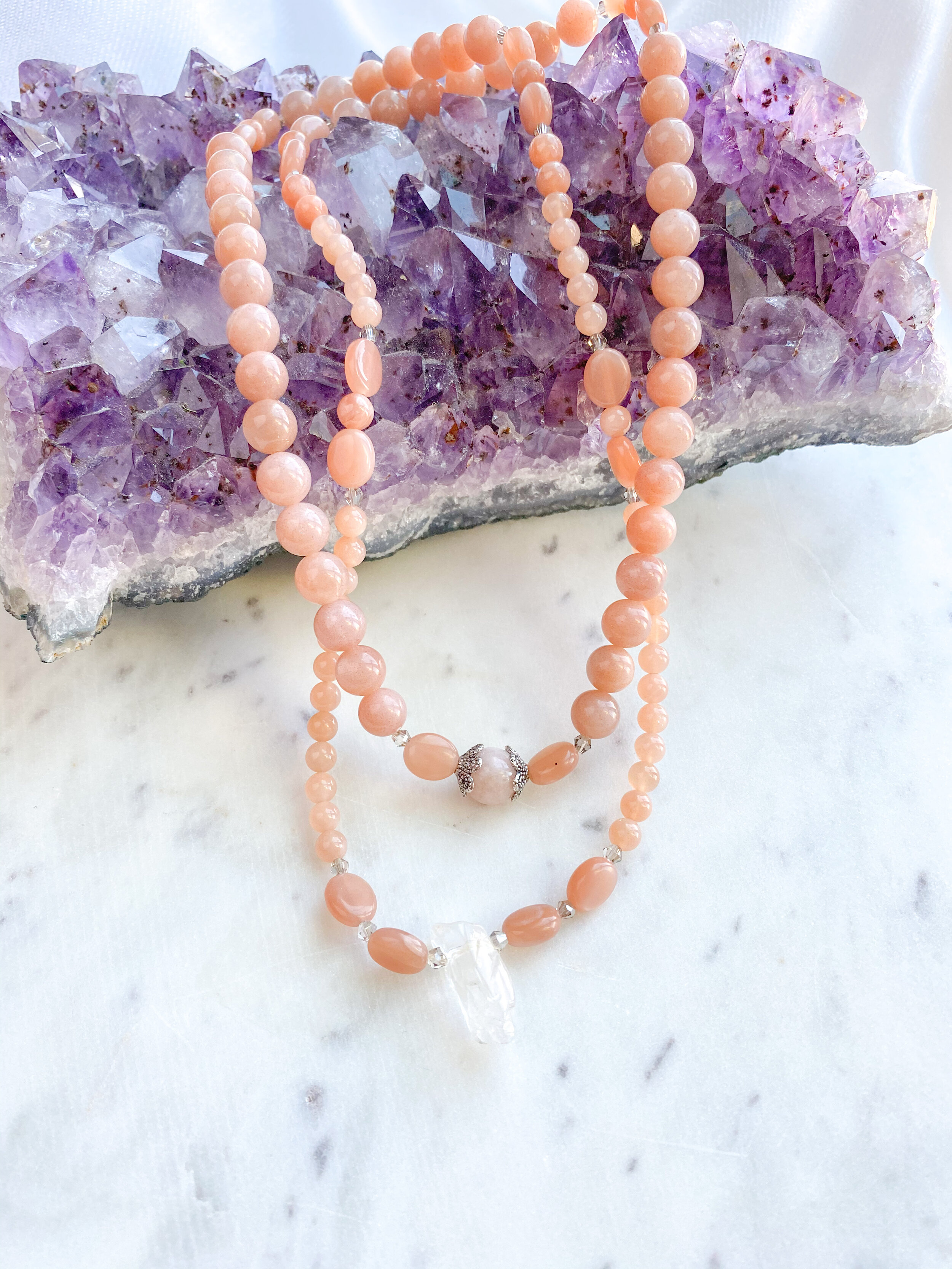 Peach Sunstone &amp; Quartz Guru Mala