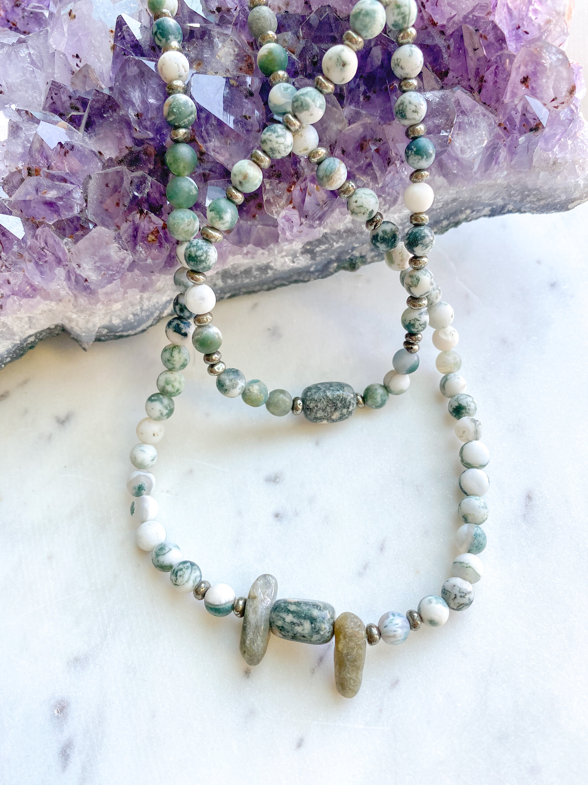 Moss Agate &amp; Pyrite Mini Mala 