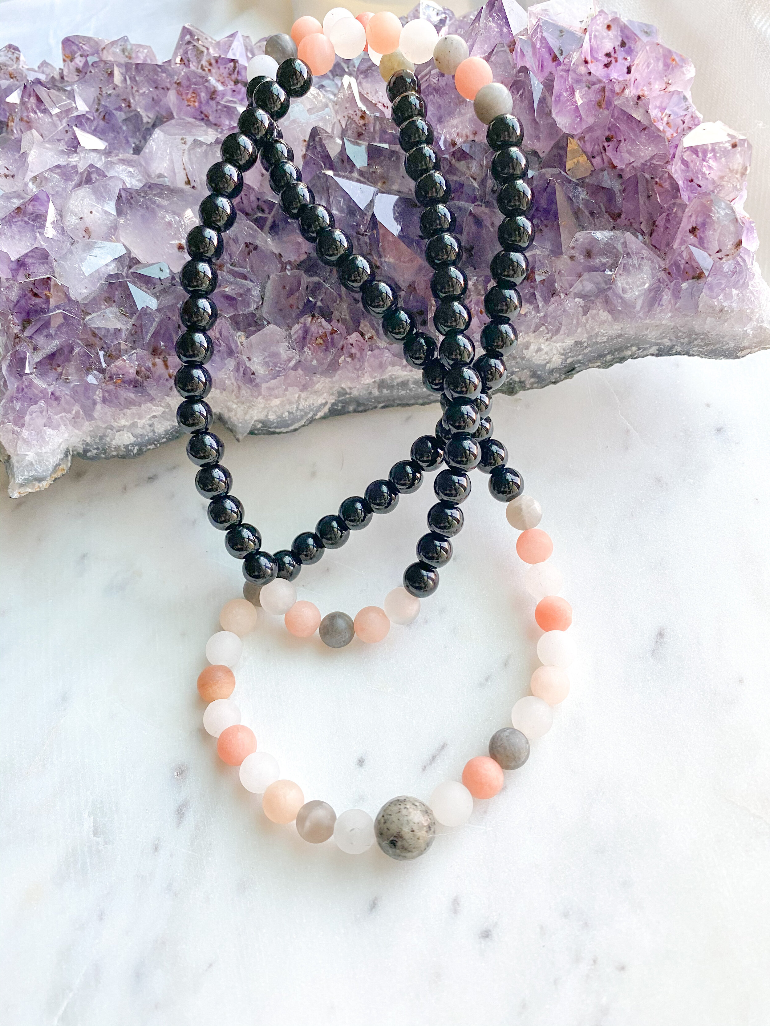 Black Onyx &amp; Peach Aventurine Mala 