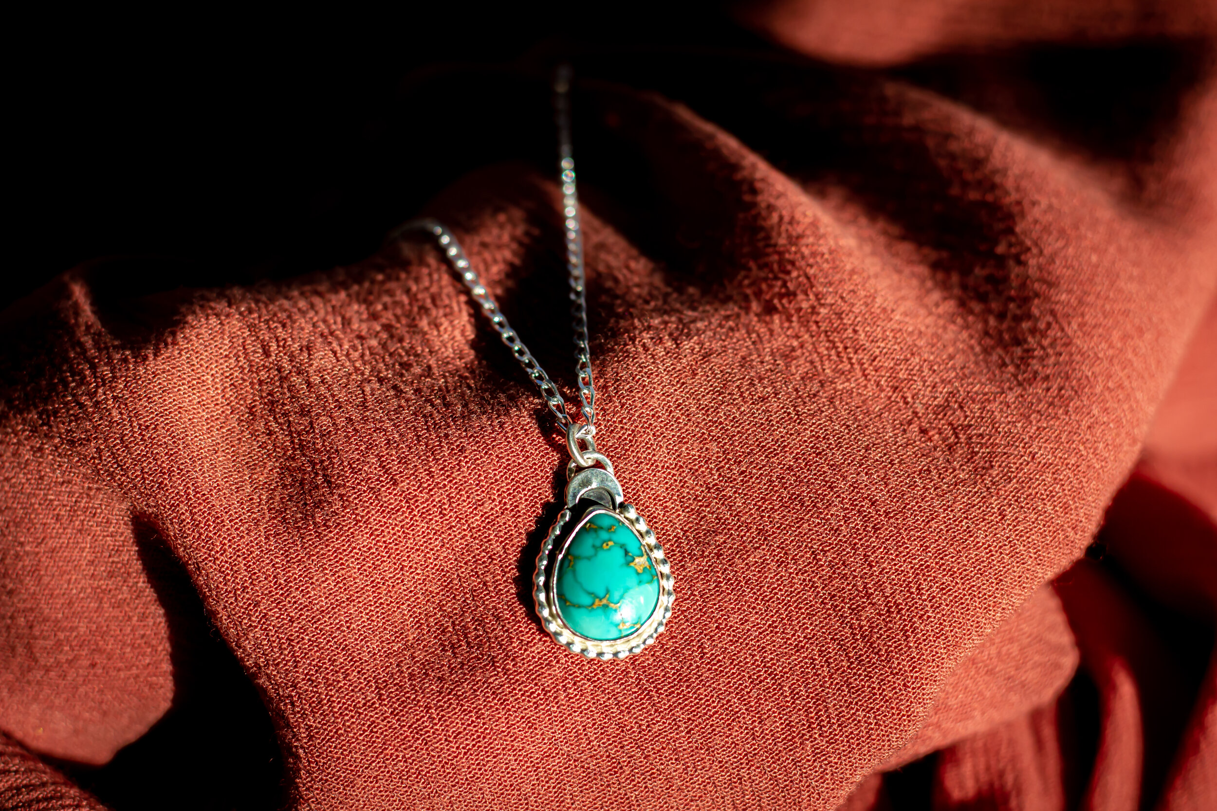 Hachita New Mexico Turquoise :: Crescent Moon Design + Om Stamp :: 16" Chain  