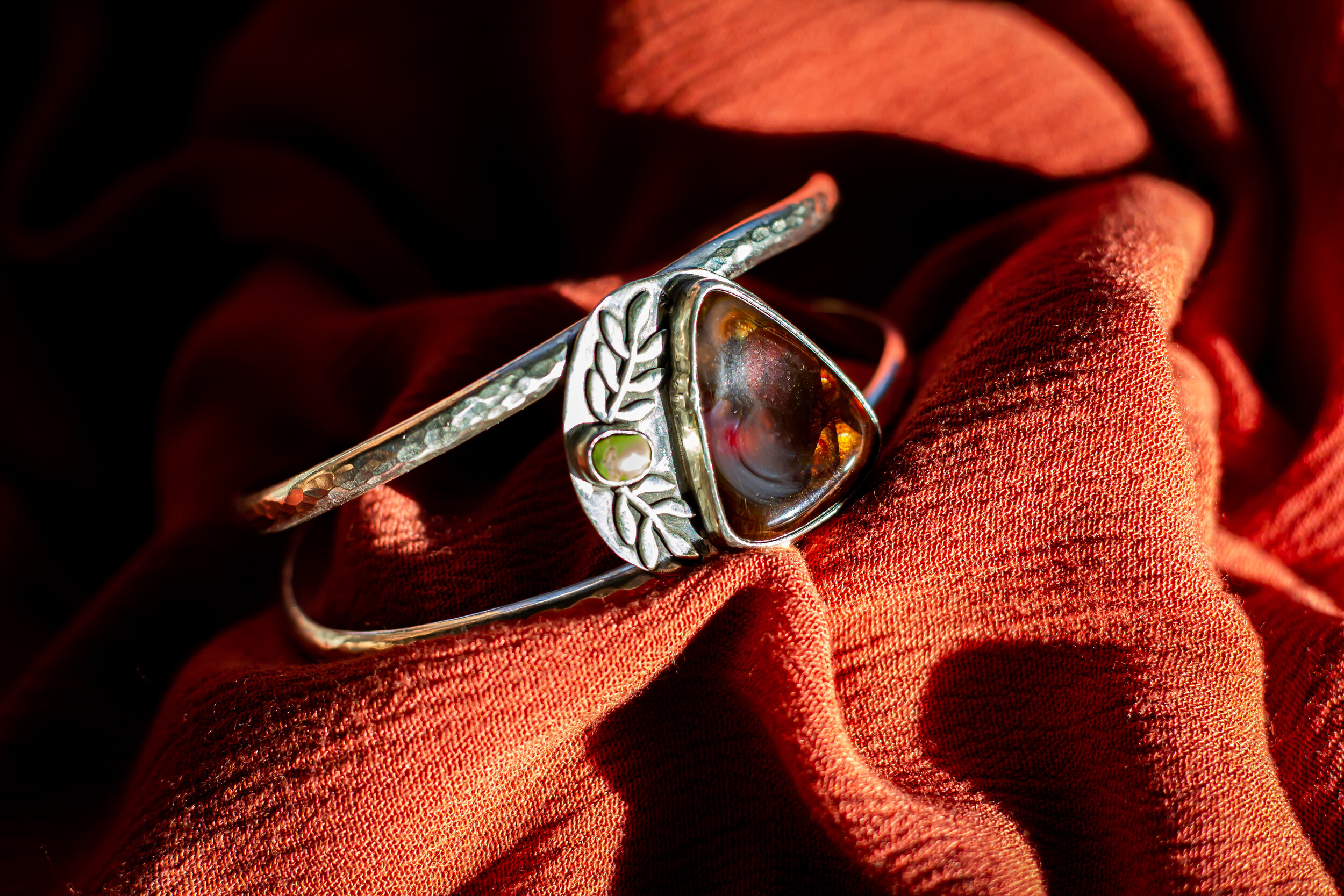Fire Agate Mountain + Sonoran Gold Turquoise with Leaf Detail :: Double Band Cuff  