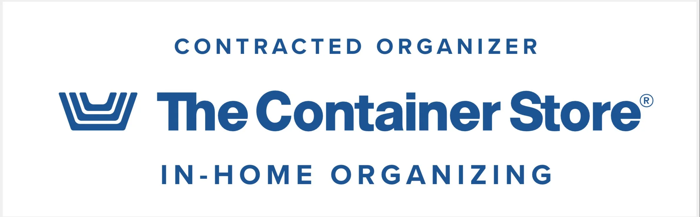Logo for The Container Store with the words "Contracted Organizer" and "In-Home Organizing" in blue text.