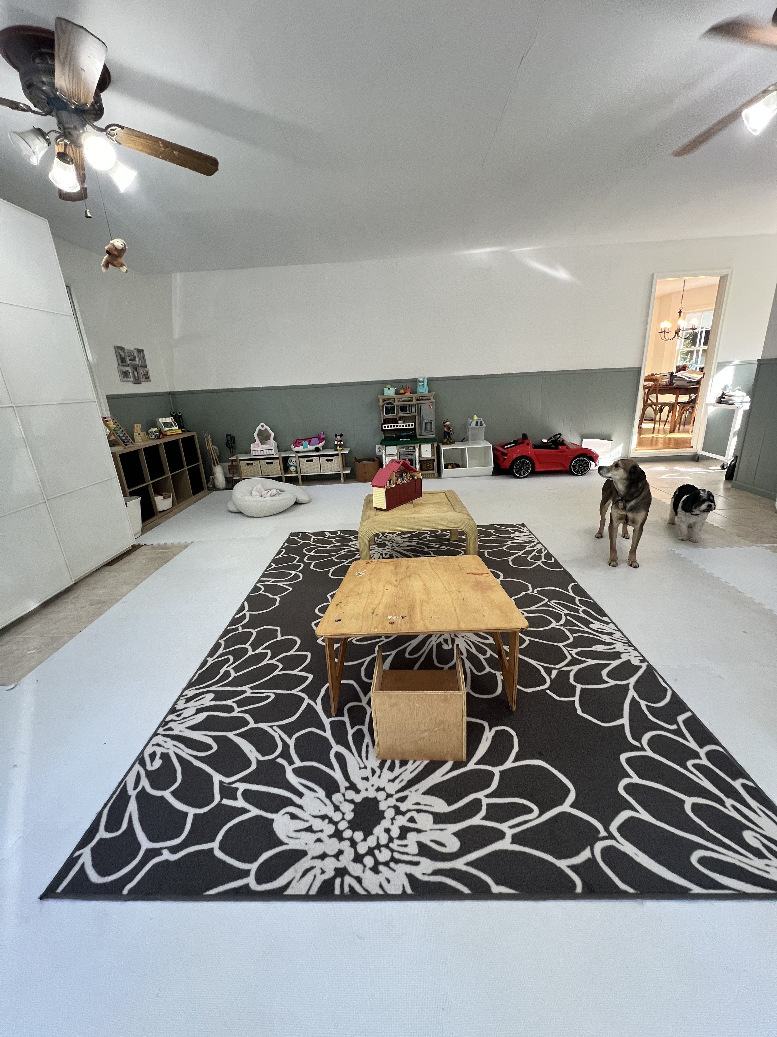 Living room with a large floral black and white rug, two wooden tables, toys and pet beds, and two dogs, one tan and one black and white, near the doorway.
