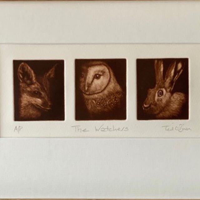 Ted O&rsquo;Brien, The Watchers	, Mezzotint, 32 x 22 cm (Framed) &ldquo;I have experimented with many printmaking techniques in the four years I have been studying @Morley_College. A couple of years ago, with great support and encouragement from my t