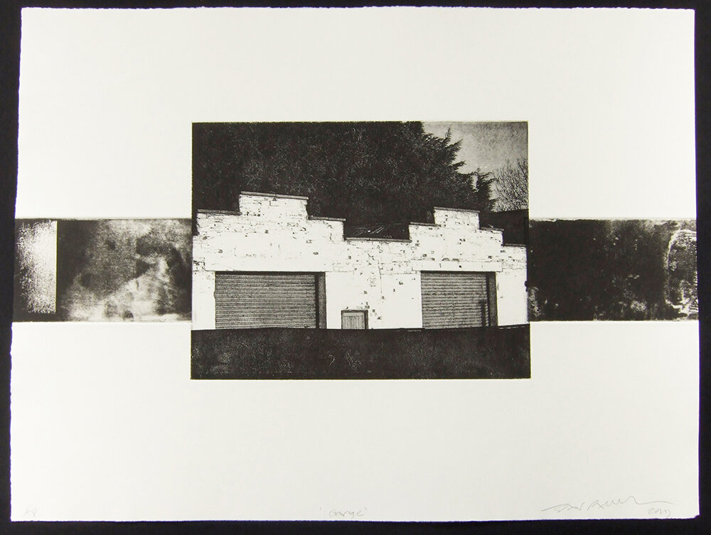 Garage, etching &amp; photo-etching on paper, 38 x 53cm, 2019 
