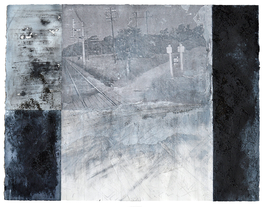 Threshold, acrylic, graphite, collage on paper, 34 x 45cm, 2020
