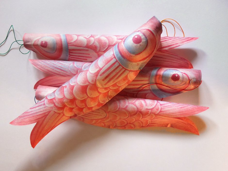 Koinoborikoinoboriswimming in the skybelow cherry blossoms fallArtist: Carol Wilhide JustinJapanese Woodcut on Pansion paper, coloured threads, 4 x 30cm x 7cm