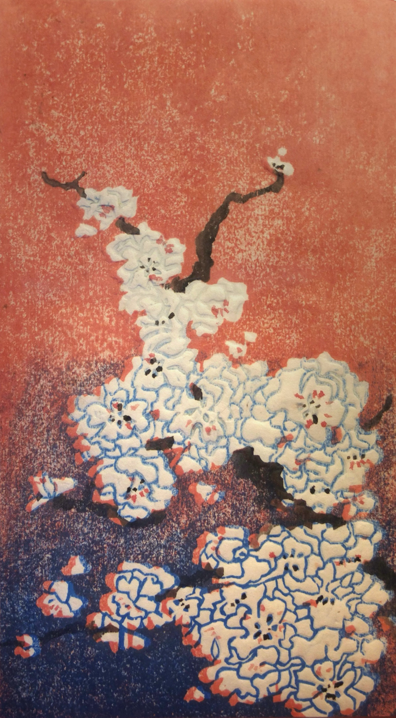 Five Centimetres per secondArtist: Inge EicaiteJapanese Woodcut with emboss on Asashi paper, 24 x 13 cm&nbsp;Plum blossom&nbsp;symbolises&nbsp;perseverance and hope, as well as, beauty thriving in adverse circumstances. As the&nbsp;plum&nbsp;tree bl…