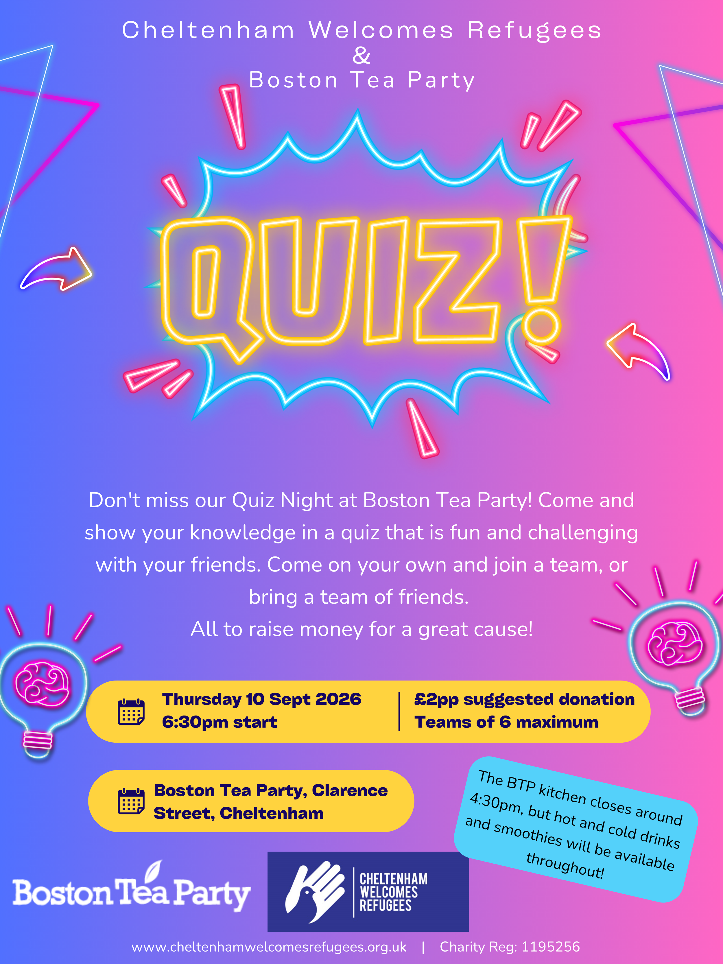 Poster for Quiz Night on 10 Sept 2026 at 6:30pm at Boston Tea Party in Cheltenham. £2 suggested donation per person, max teams of 6.
