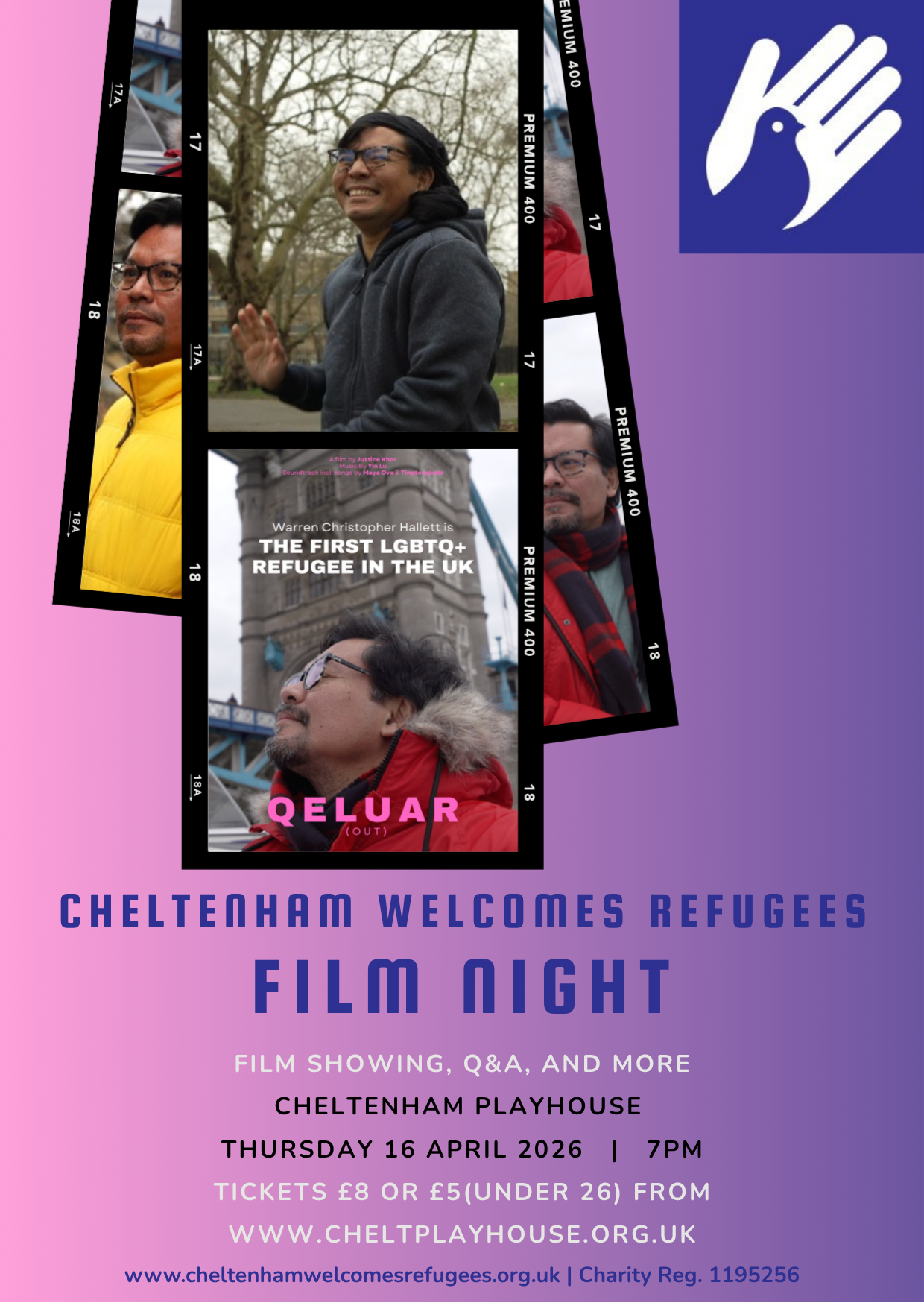 Poster showing Warren Hallett, Malaysian LGBT refugee in London. Announcing Film Night on 16 April 2026 at 7pm at Cheltenham Playhouse