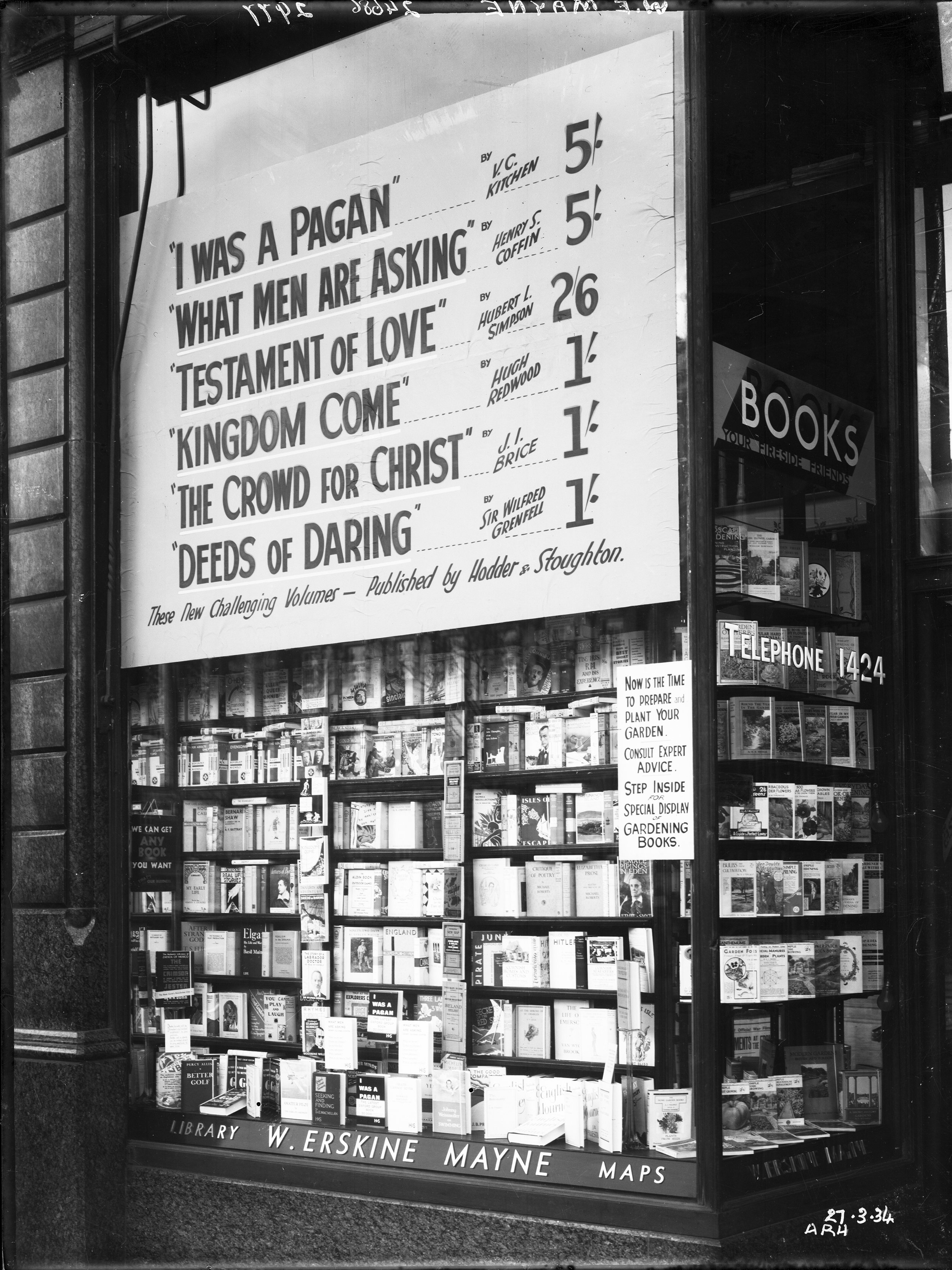 W. E. Mayne, Bookshop, no. 3. Window display.&nbsp; Window display with advertisement for Hodder &amp; Stoughton publications,&nbsp;27 March 1934 © (Copy)