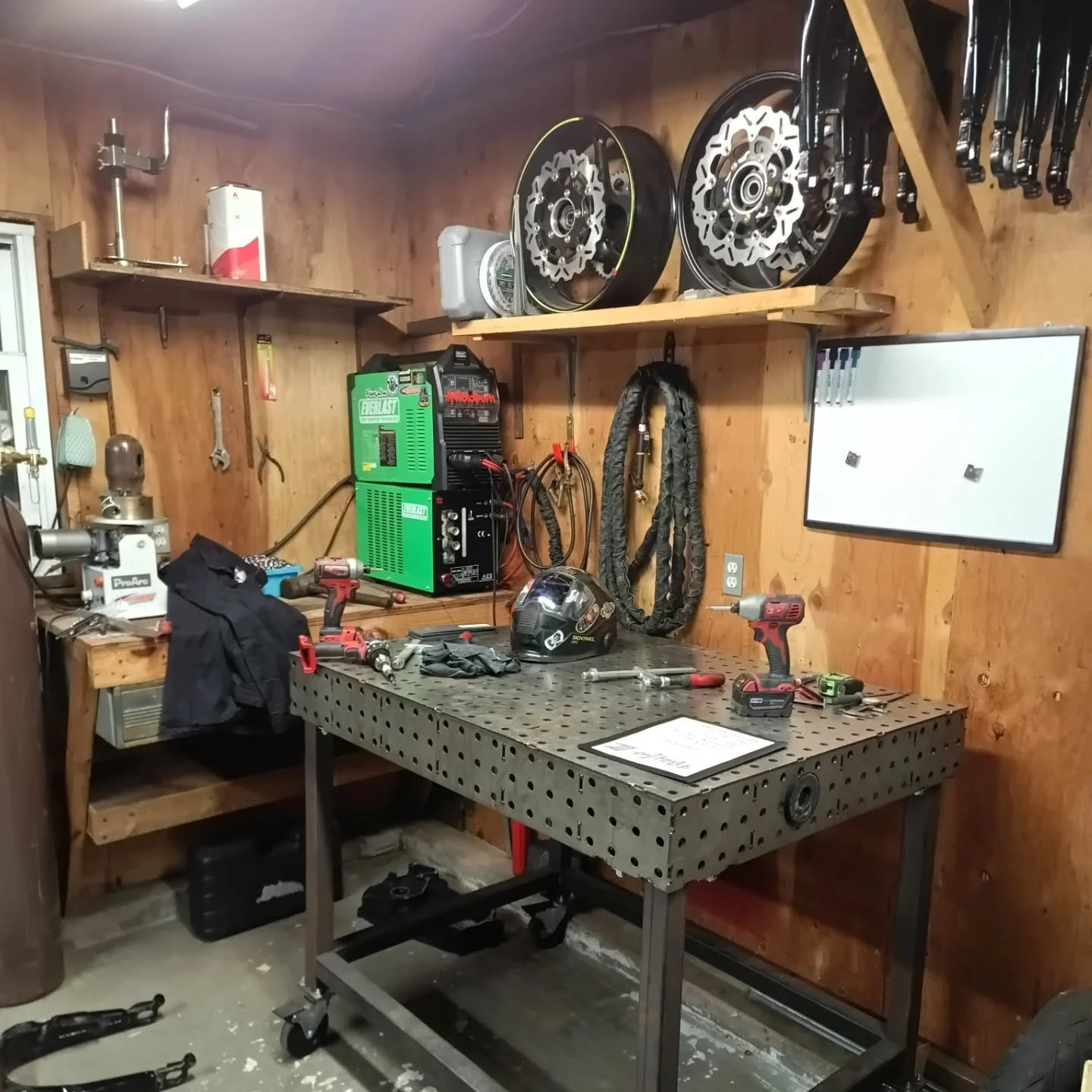 Onward and upward!
☆
This corner of the home shop is coming together.
Slowly but surely getting things arranged, set up, cleaned, and built.
Next is moving some machines, work benches, and the rest of what I need into the space. 
Crazy to think that 