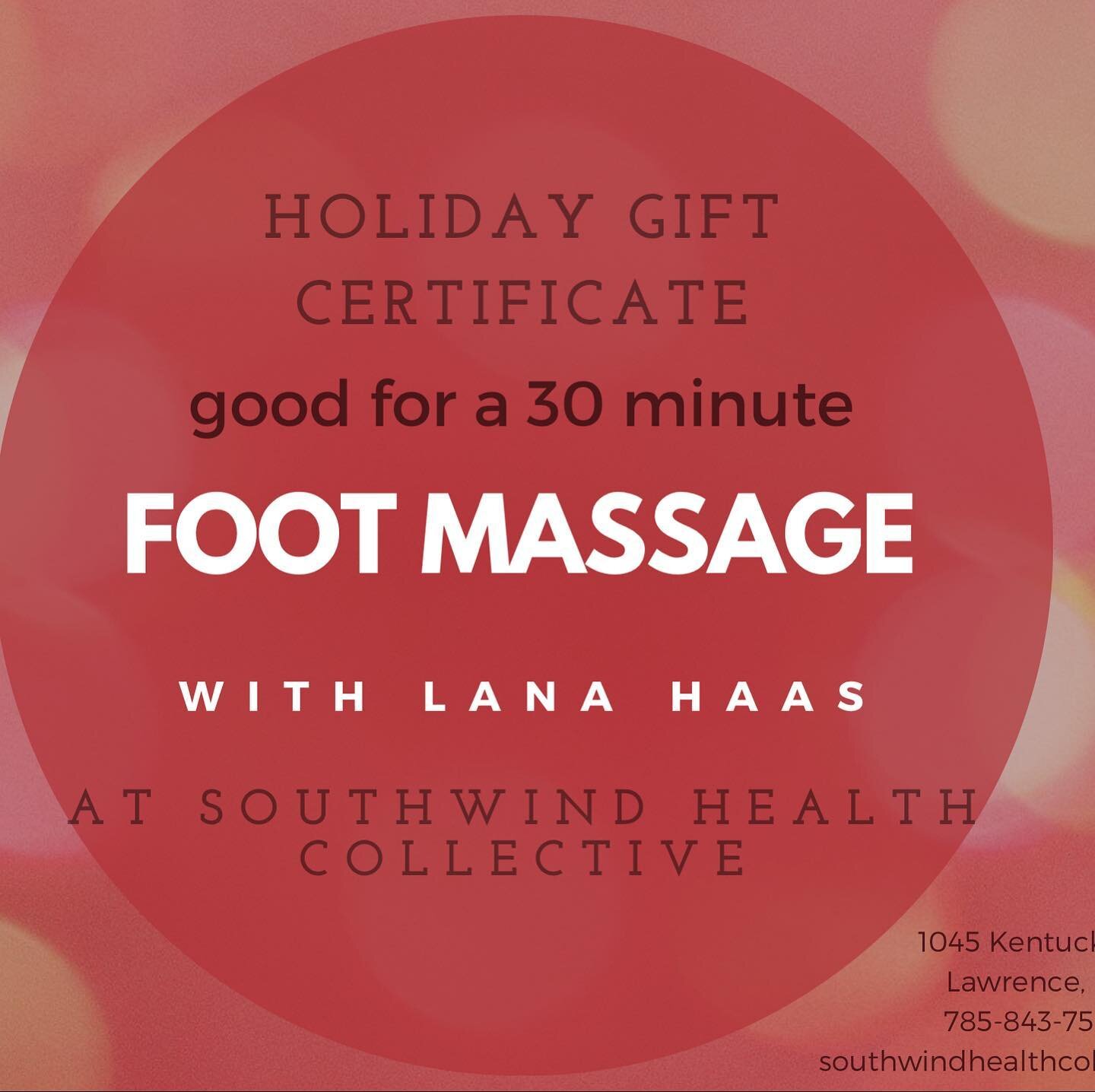 $35 FOOT MASSAGE HOLIDAY SPECIAL!!! 👉🏼🦶🏼🎄🎁. Call 785-843-7500 or stop by Southwind at 1045 Kentucky Street! #footmassage #reflexology #giftideas