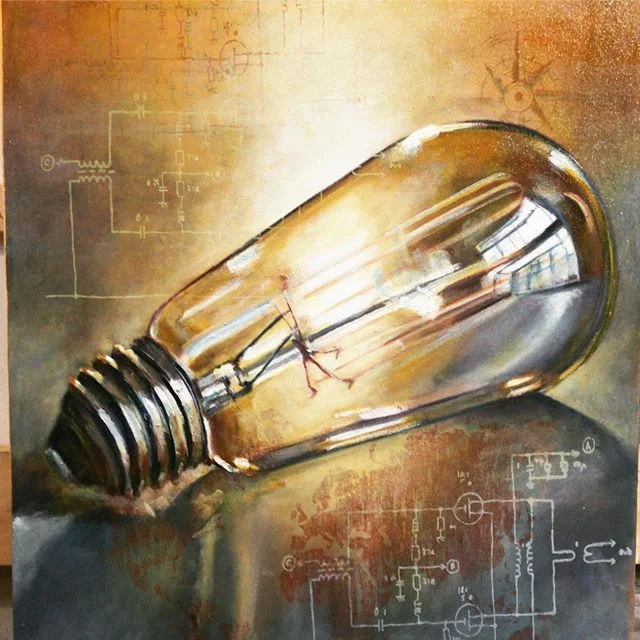 Finishing up this commission piece soon. 🎉 Look for it in bookstores as cover art next year! I wish I could say more -ahhh- So honored- thank you thank you thank you! .
.
.
.
.
.
.
#tuckereason #lightbulb #edison #commission #reflection #oilpainting