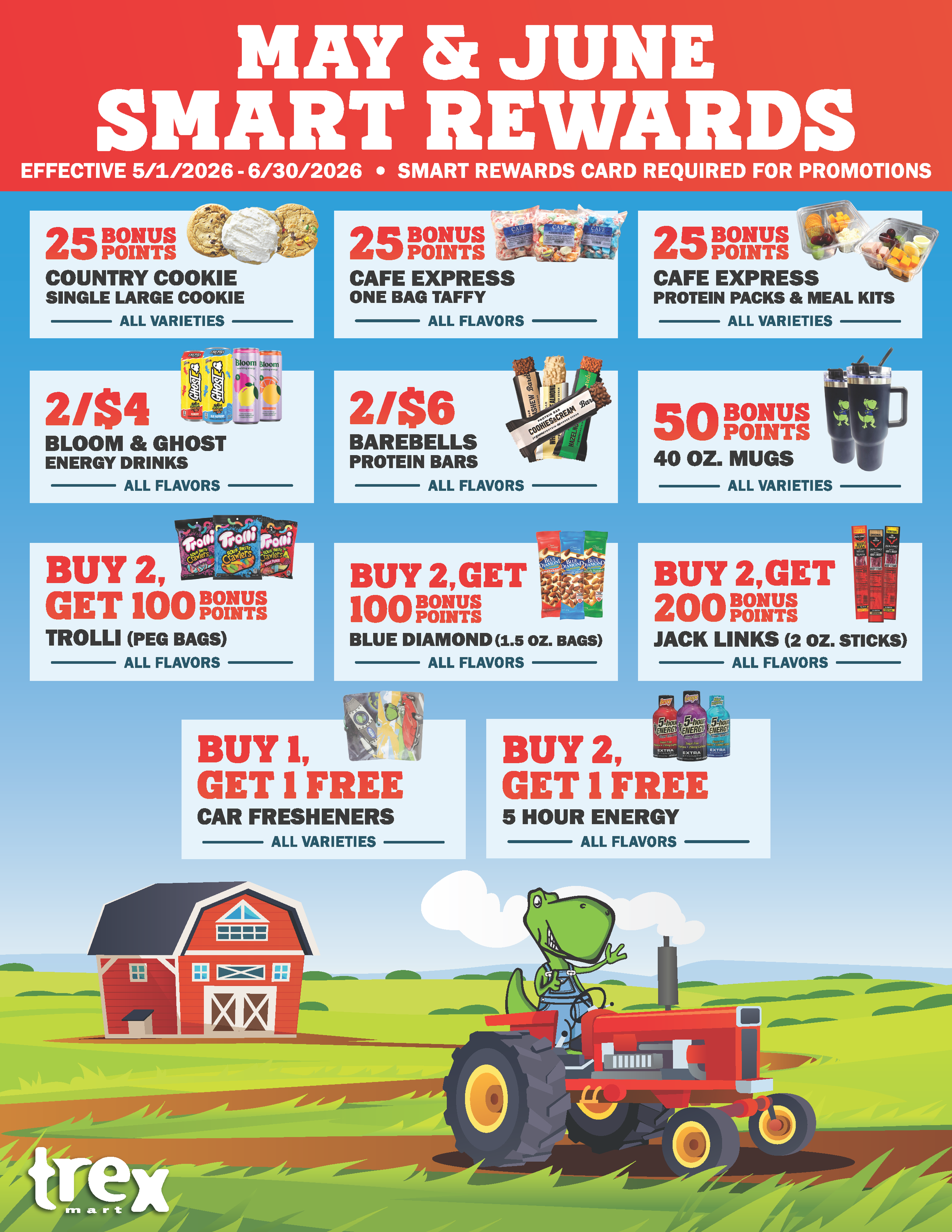 A promotional flyer for Tex Mart featuring May and June smart rewards. The flyer highlights various deals, including bonus points on cookies, candy, energy drinks, protein bars, and mugs, with details about purchase offers such as buy two get one free and buy one get one free. The flyer also displays a cartoon of a frog riding a tractor near a barn.