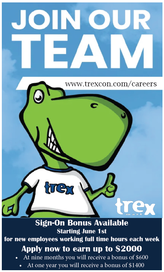 A cartoon green dinosaur mascot wearing a white t-shirt with 'trex' written on it, giving a thumbs-up. The background is blue with white text saying 'Join Our Team' and a website link. Additional text below promotes a sign-on bonus starting June 1st for new employees.