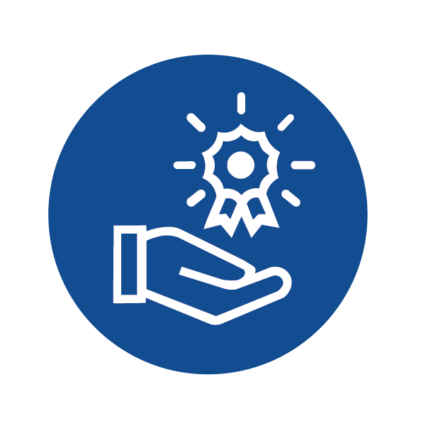 Icon of a hand holding a medal or award ribbon inside a blue circle.